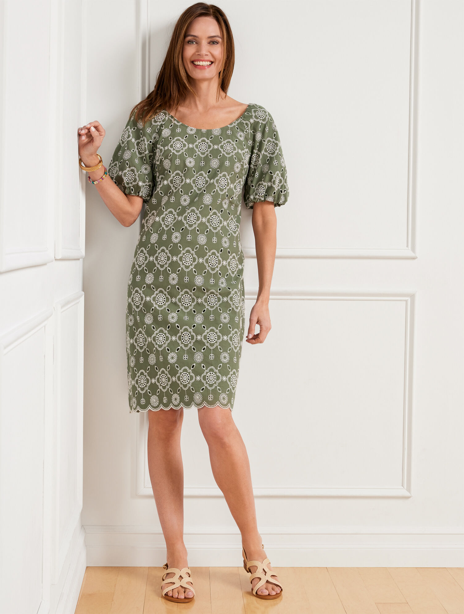 Puff Sleeve Embroidered Shift Dress - Spring Moss/White - 6 - 100% Cotton Talbots
