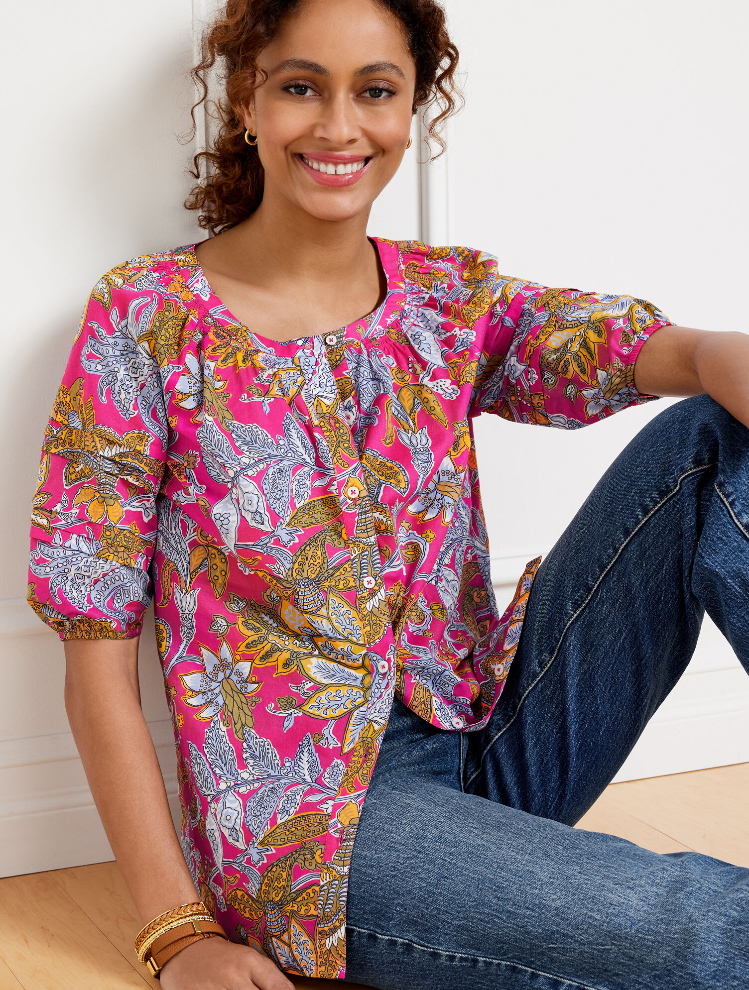 Pleated Sleeve Top - Lively Floral | Talbots
