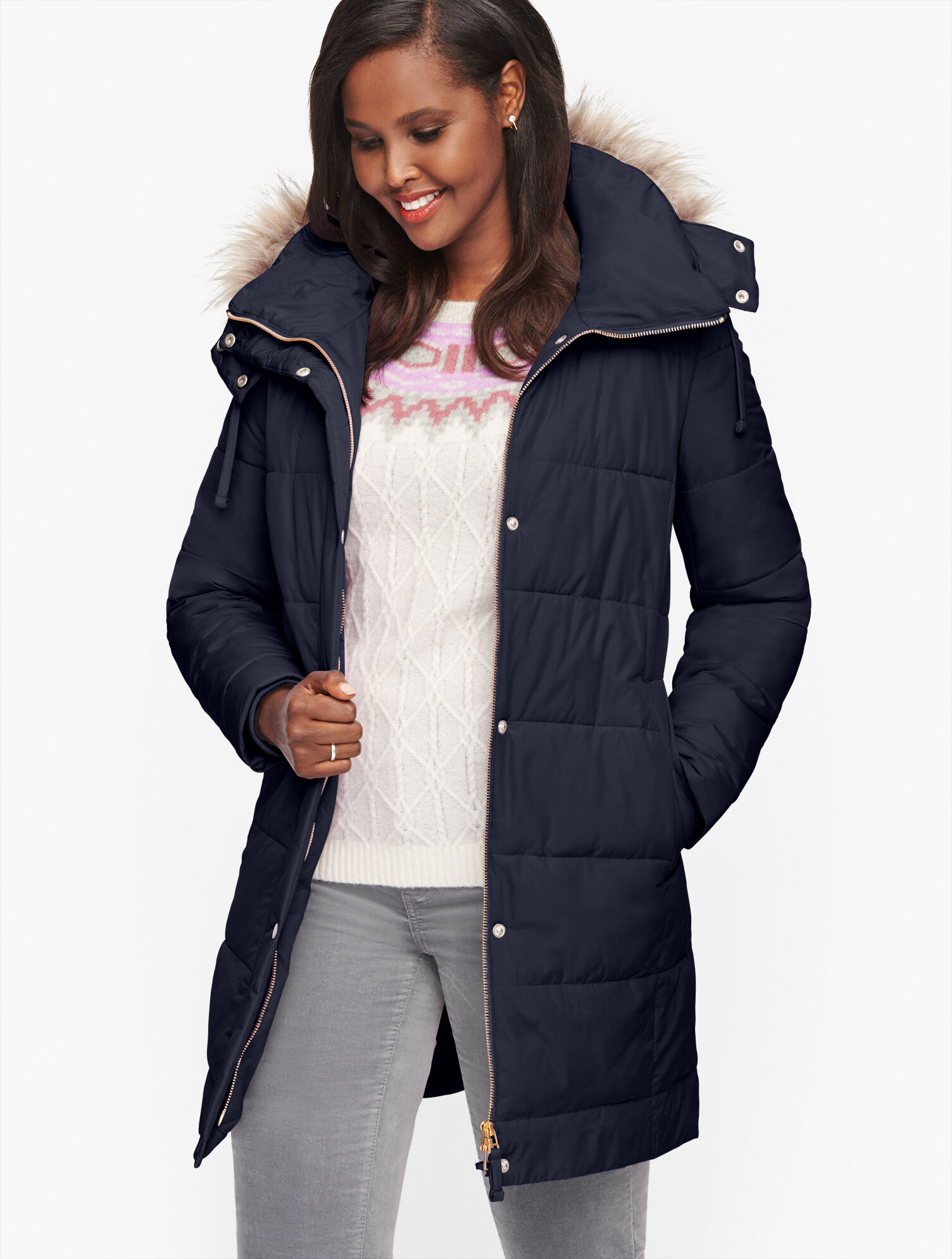 Womens navy padded jacket with clearance fur hood