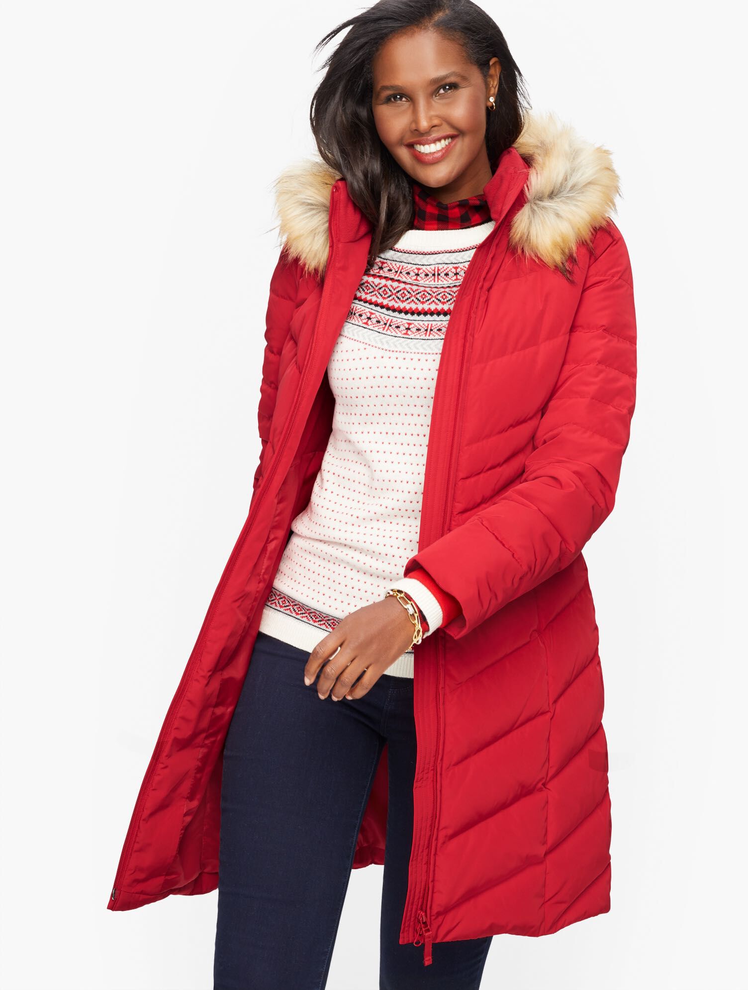 Red faux fur trim hooded clearance puffer jacket