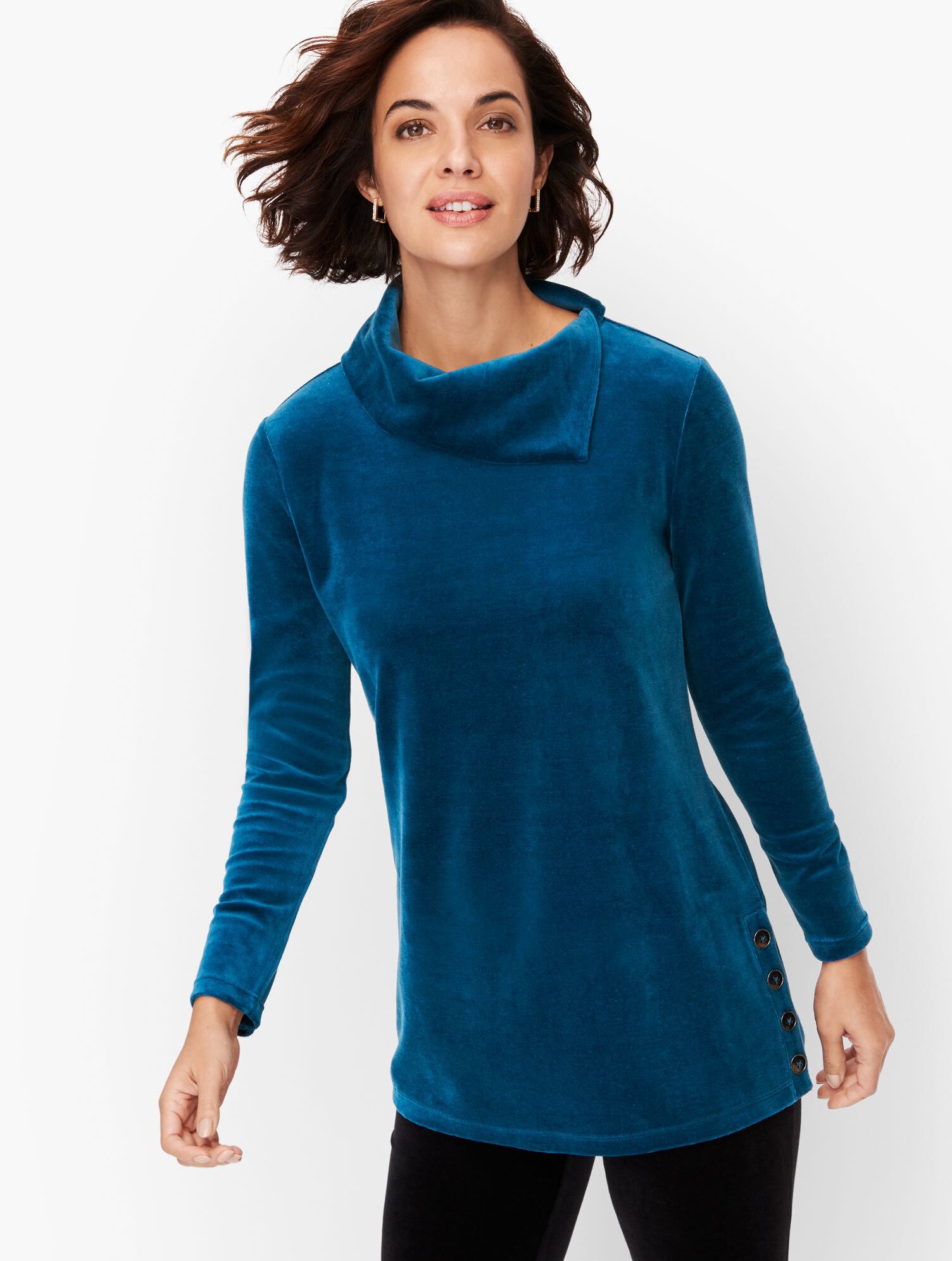 Luxe Velour Button Detail Cowlneck Pullover