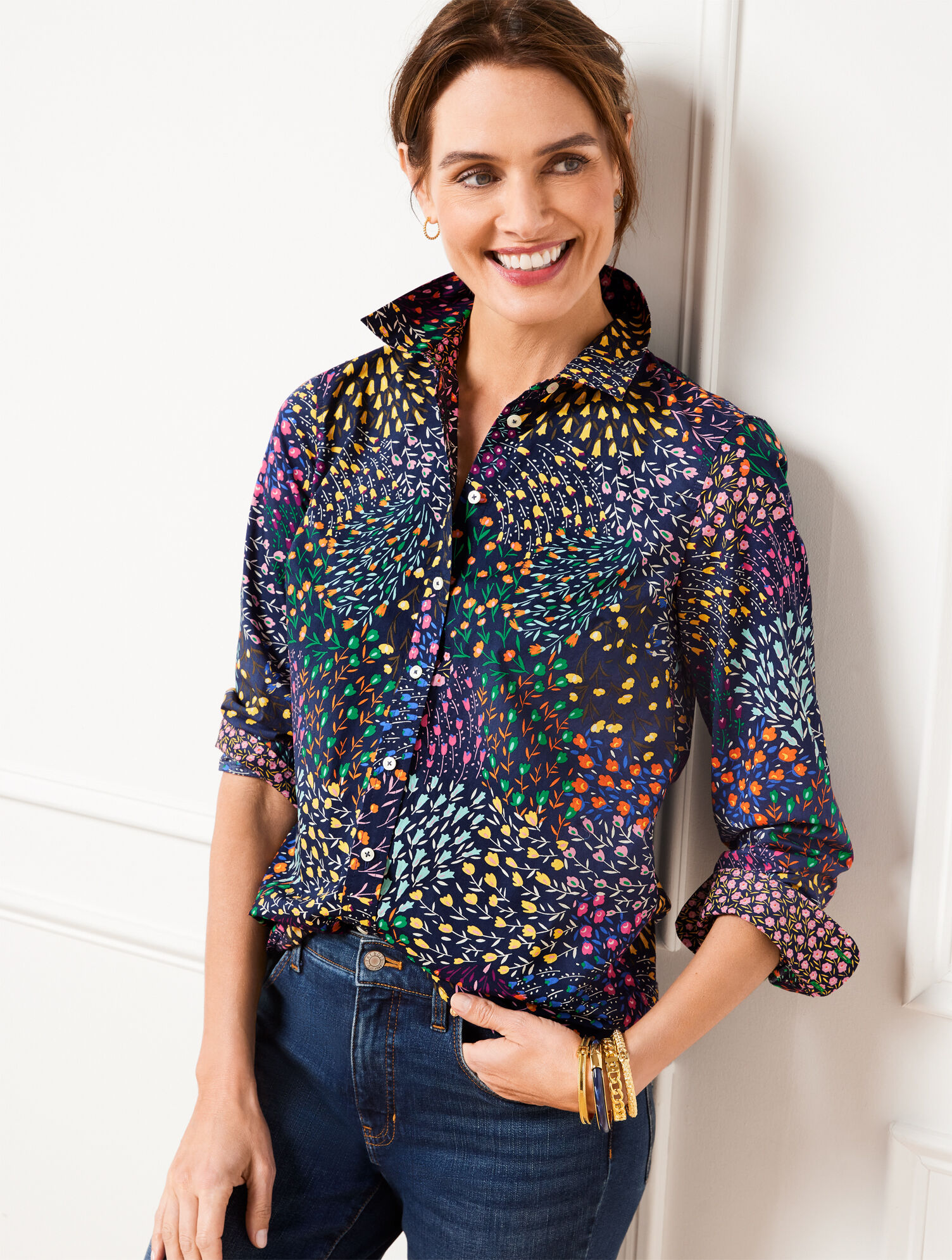 Cotton Button Front Shirt - Floral Bunches | Talbots