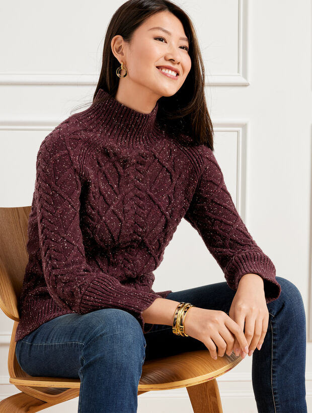 Cable Knit Funnel Neck Sweater - Tweed