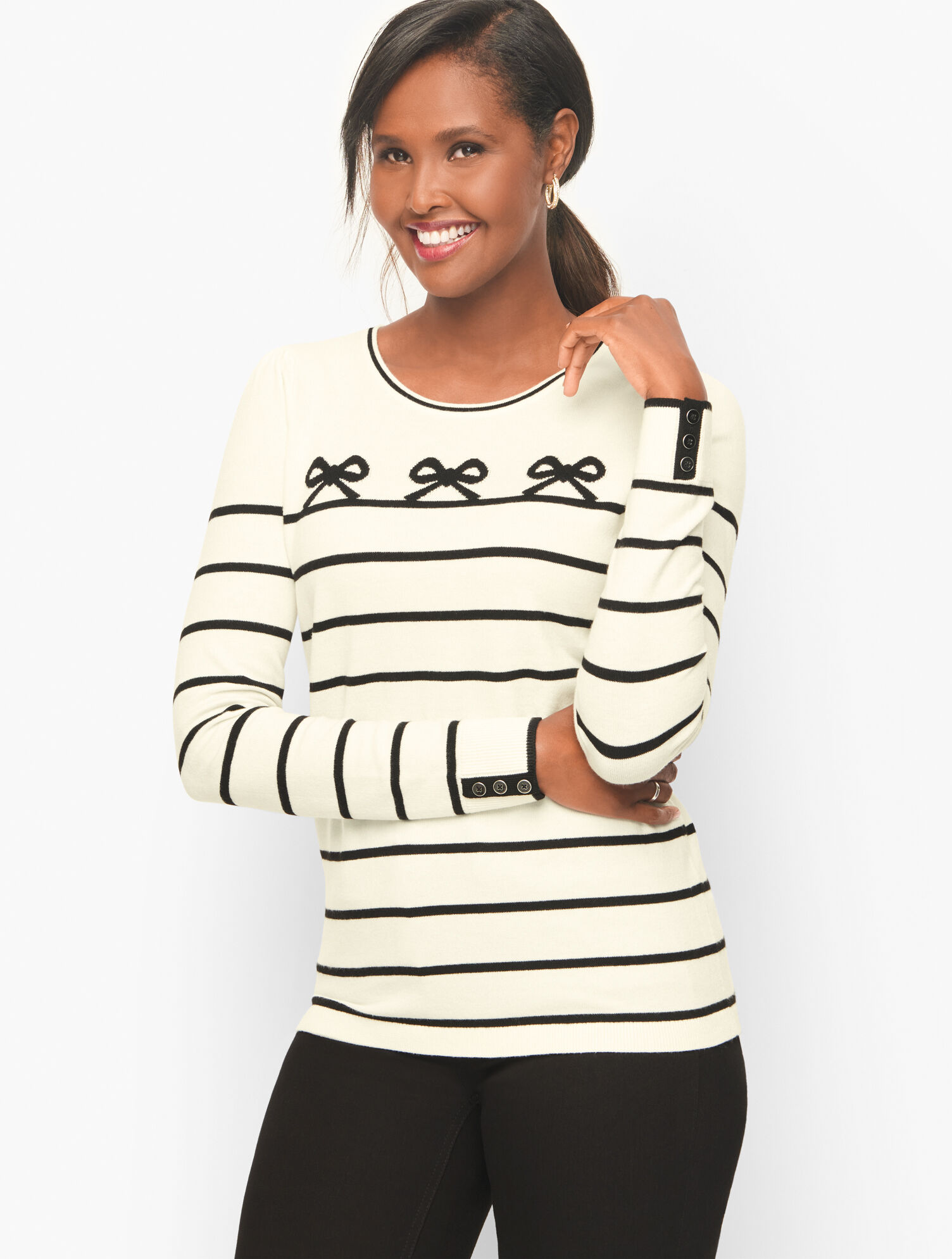 Puff Sleeve Crewneck Sweater - Bows Stripe | Talbots