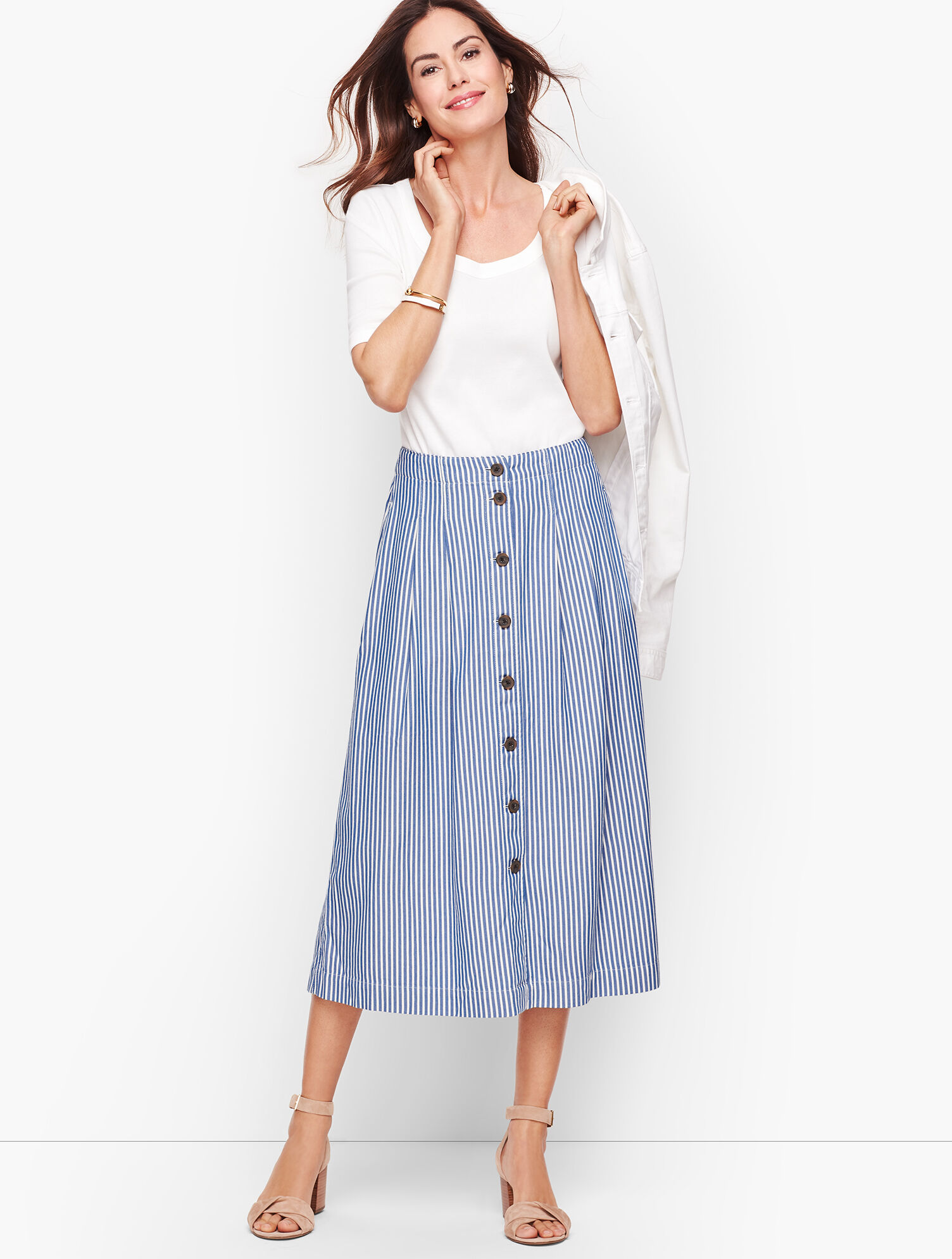 Stripe Button Front Pleated Skirt | Talbots