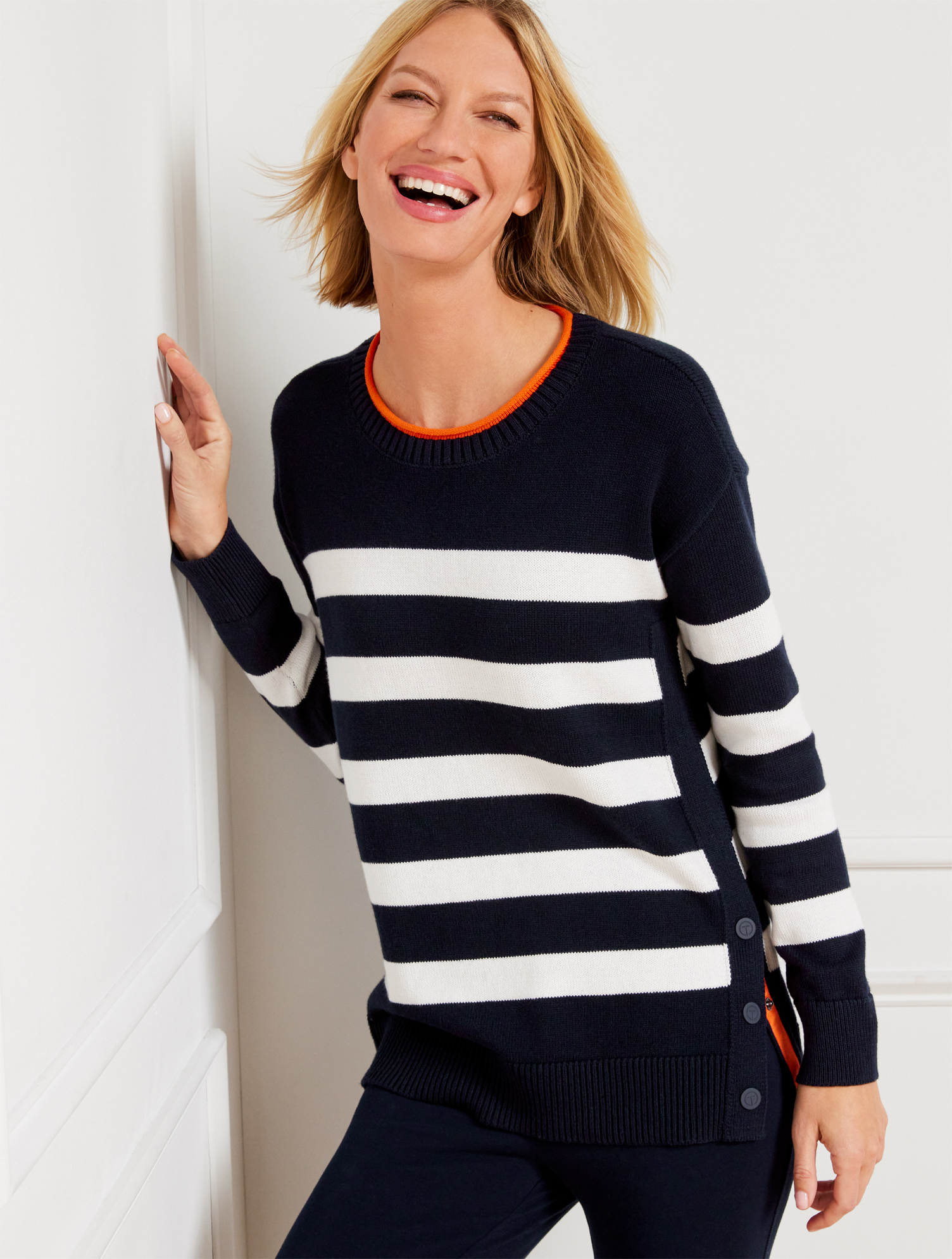 Talbots Plus Size - Coolmaxâ® Crewneck Sweater - Bicolor Stripe - Indigo/white - 3x  In Indigo,white