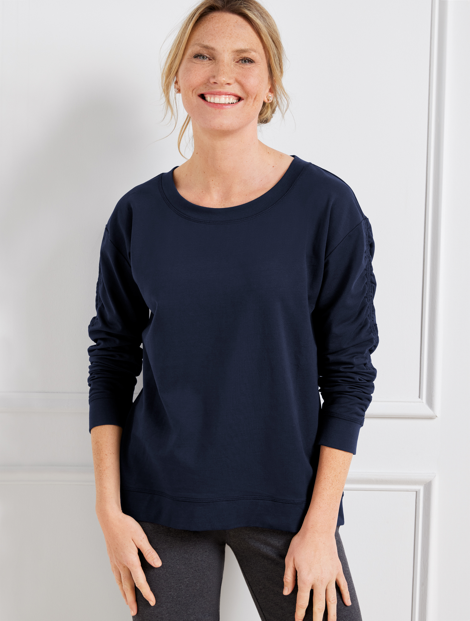 Talbots Ruched Sleeve Pullover Sweater - Blue - Medium
