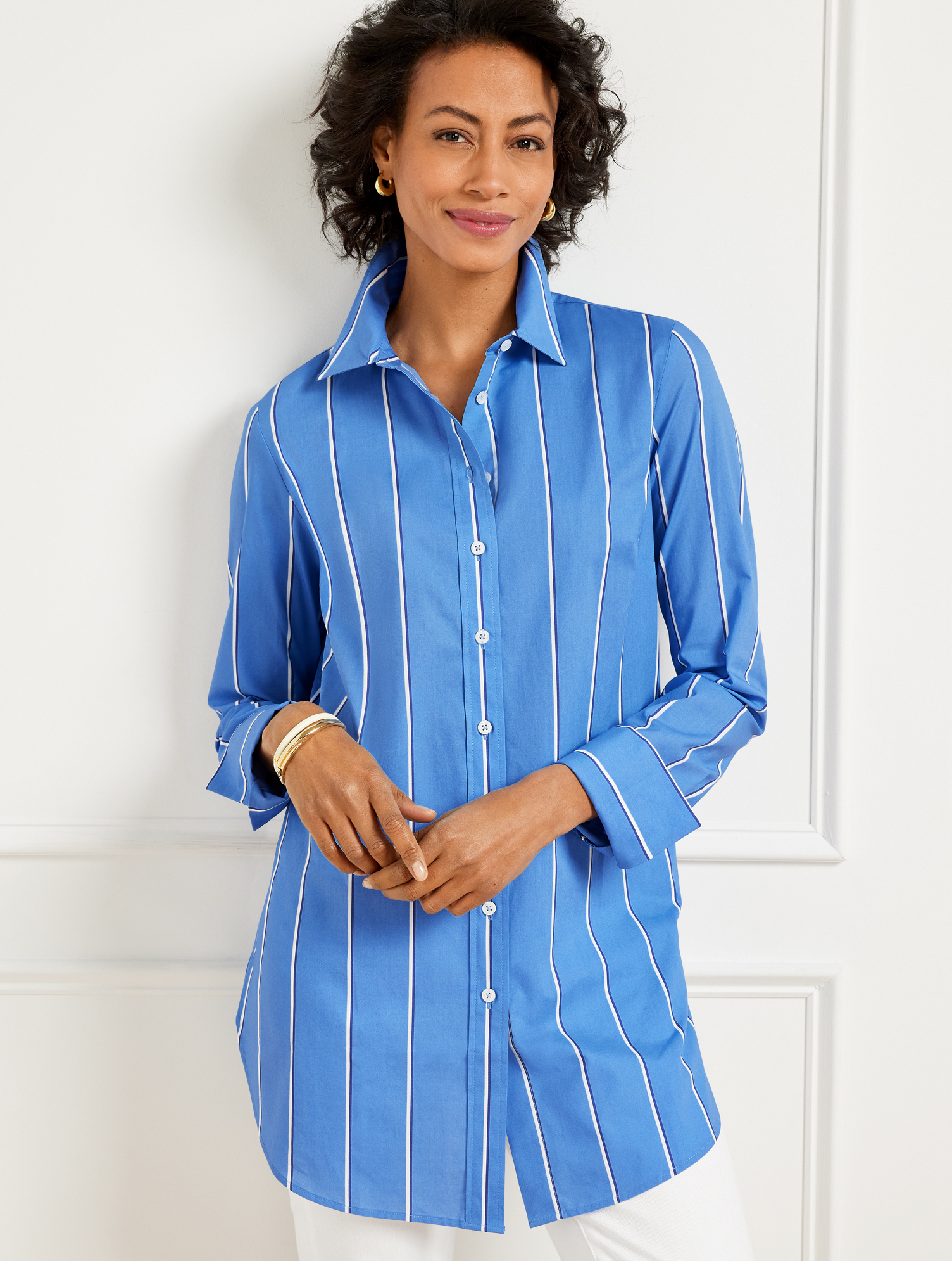 Talbots Petite - Boyfriend Shirt - Weekend Stripe - Blue/white - Xl - 100% Cotton  In Blue,white