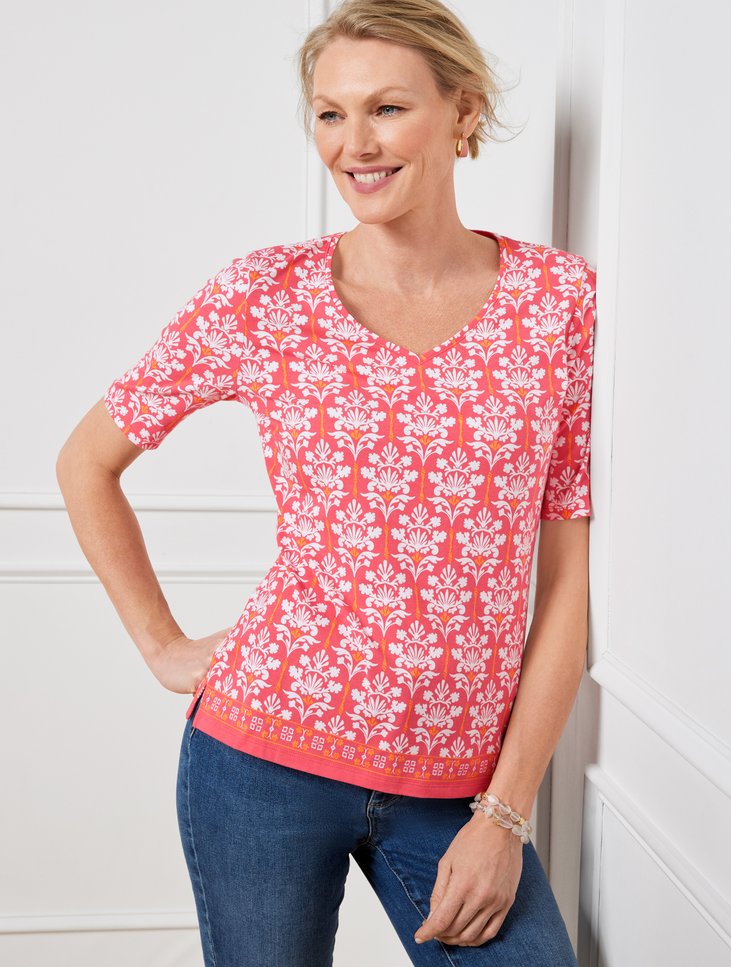 Shop Talbots V-neck T-shirt - Damask Bouquet - Lovely Coral/white - 1x  In Lovely Coral,white
