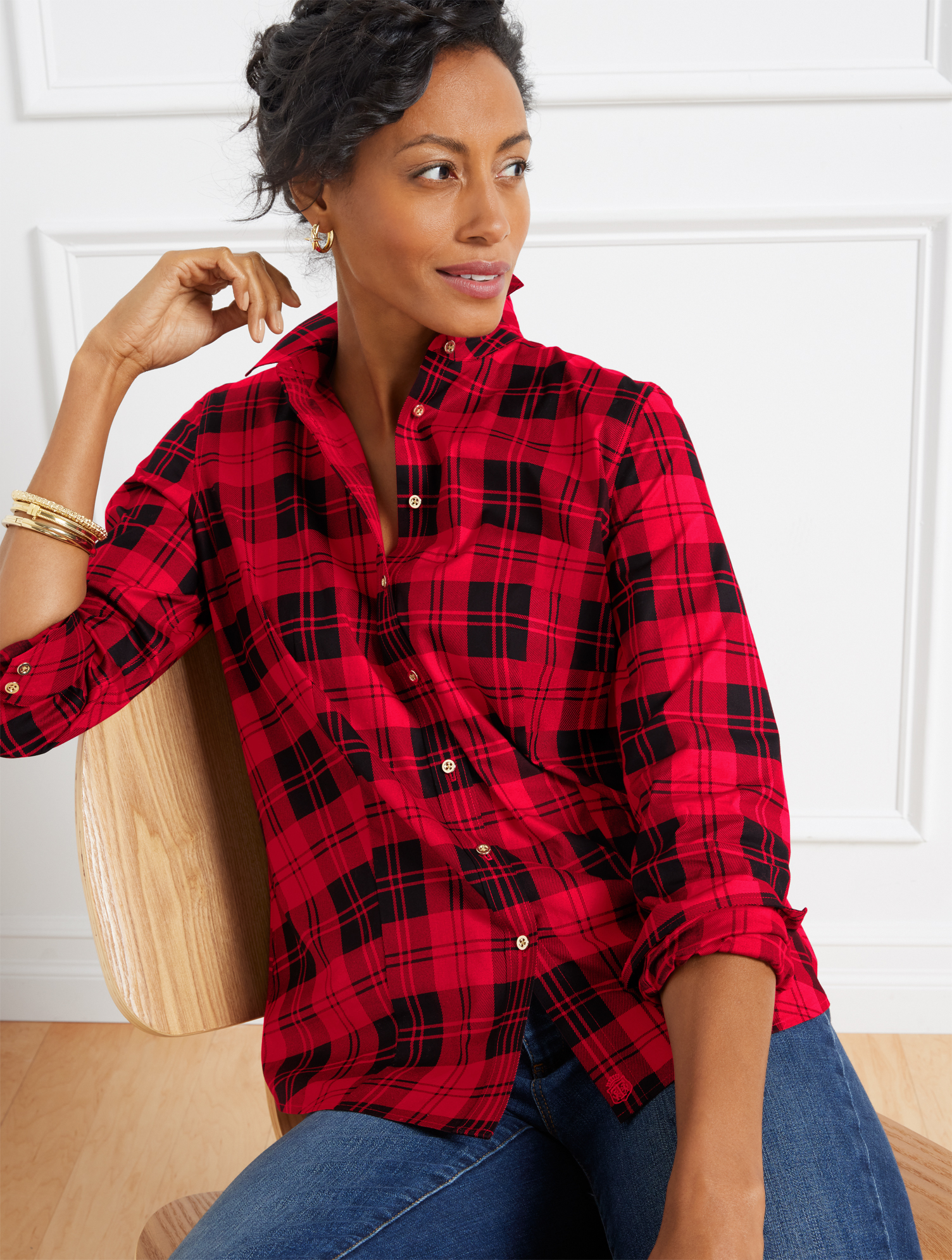 Talbots Non-iron Perfect Shirt - Check Plaid - Red/black - 16  In Red,black