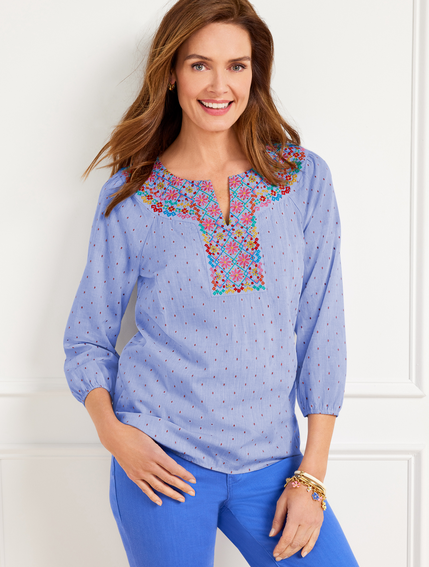 Talbots Embroidered Chambray Blouse - Mills Blue - Small - 100% Cotton