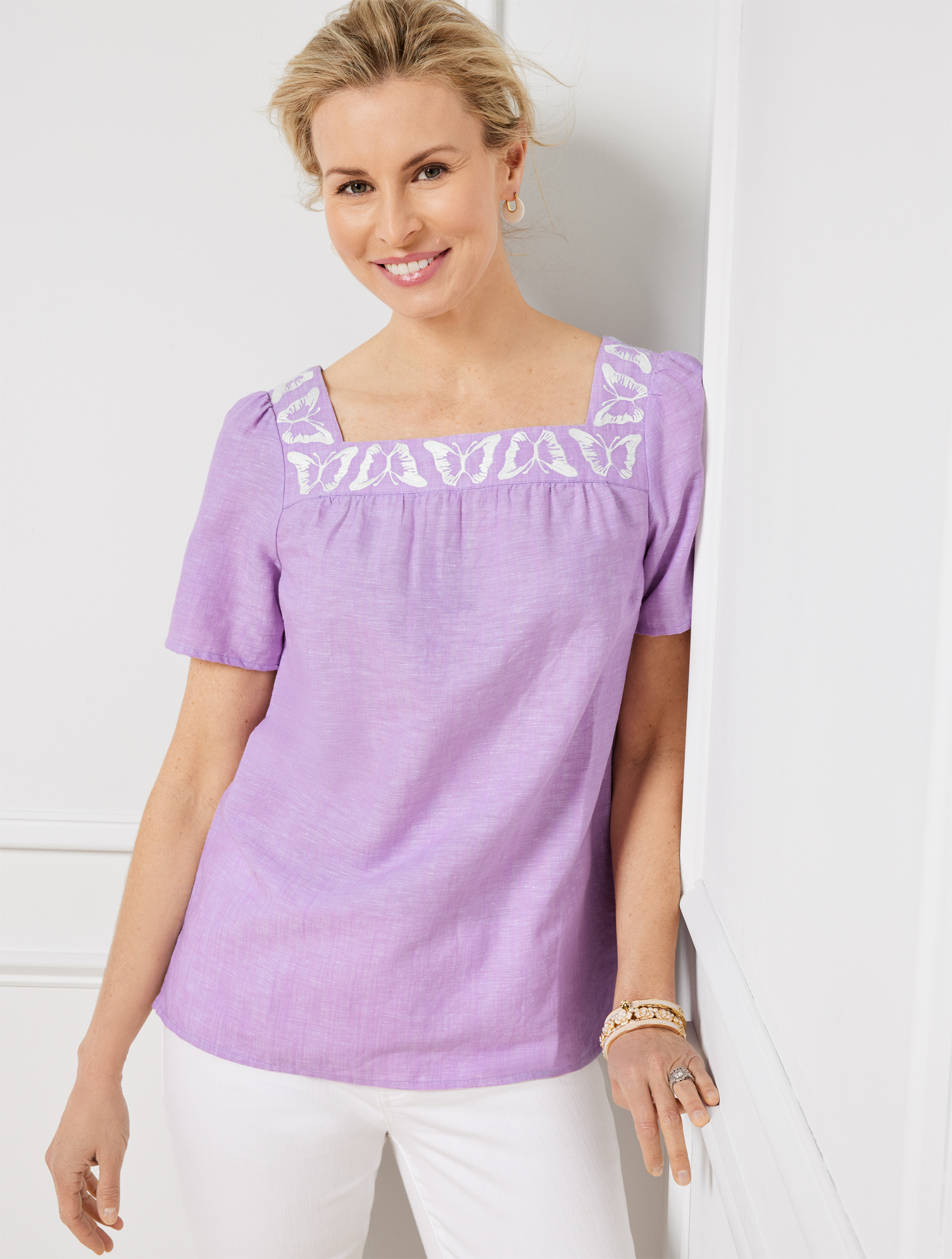 Shop Talbots Butterfly Embroidered Linen Cotton Square Neck Top - Cross Dye - Purple - Xs