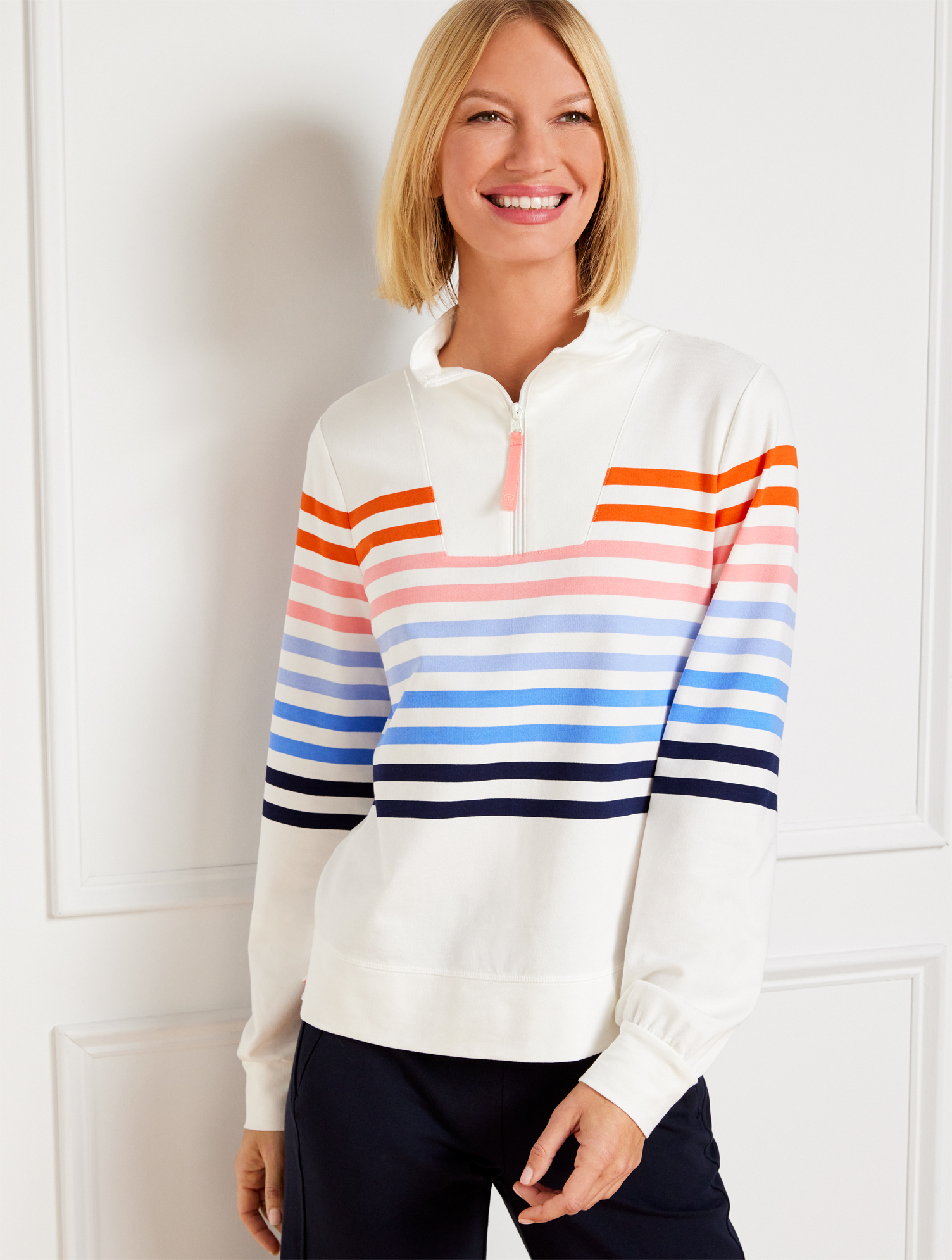 Shop Talbots Plus Size - Half-zip Pullover Sweater - Breeze Stripe - Ivory/bright Tangerine - 3x  In Ivory,bright Tangerine