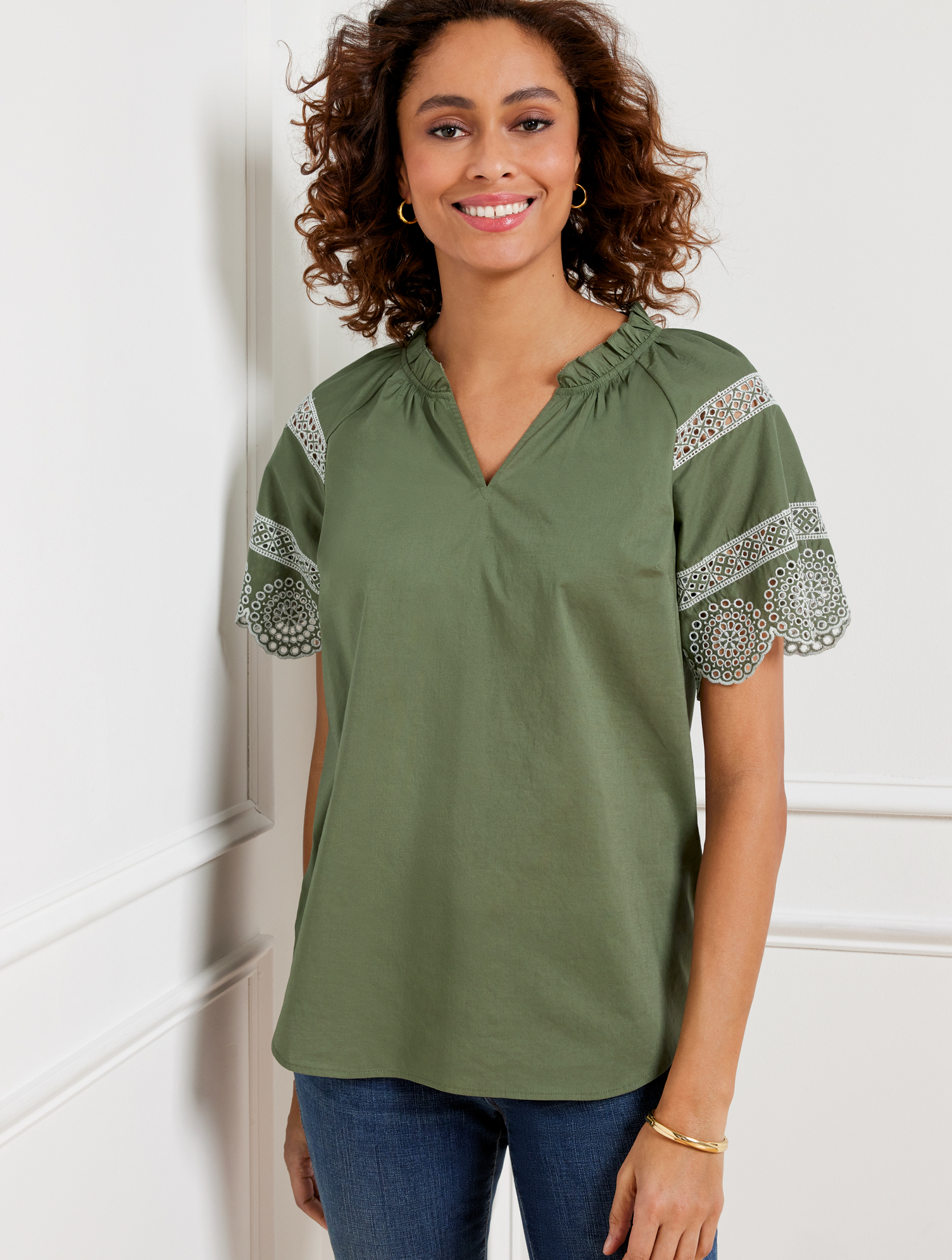 Talbots Embroidered Sleeve Top - Spring Moss - Xs - 100% Cotton