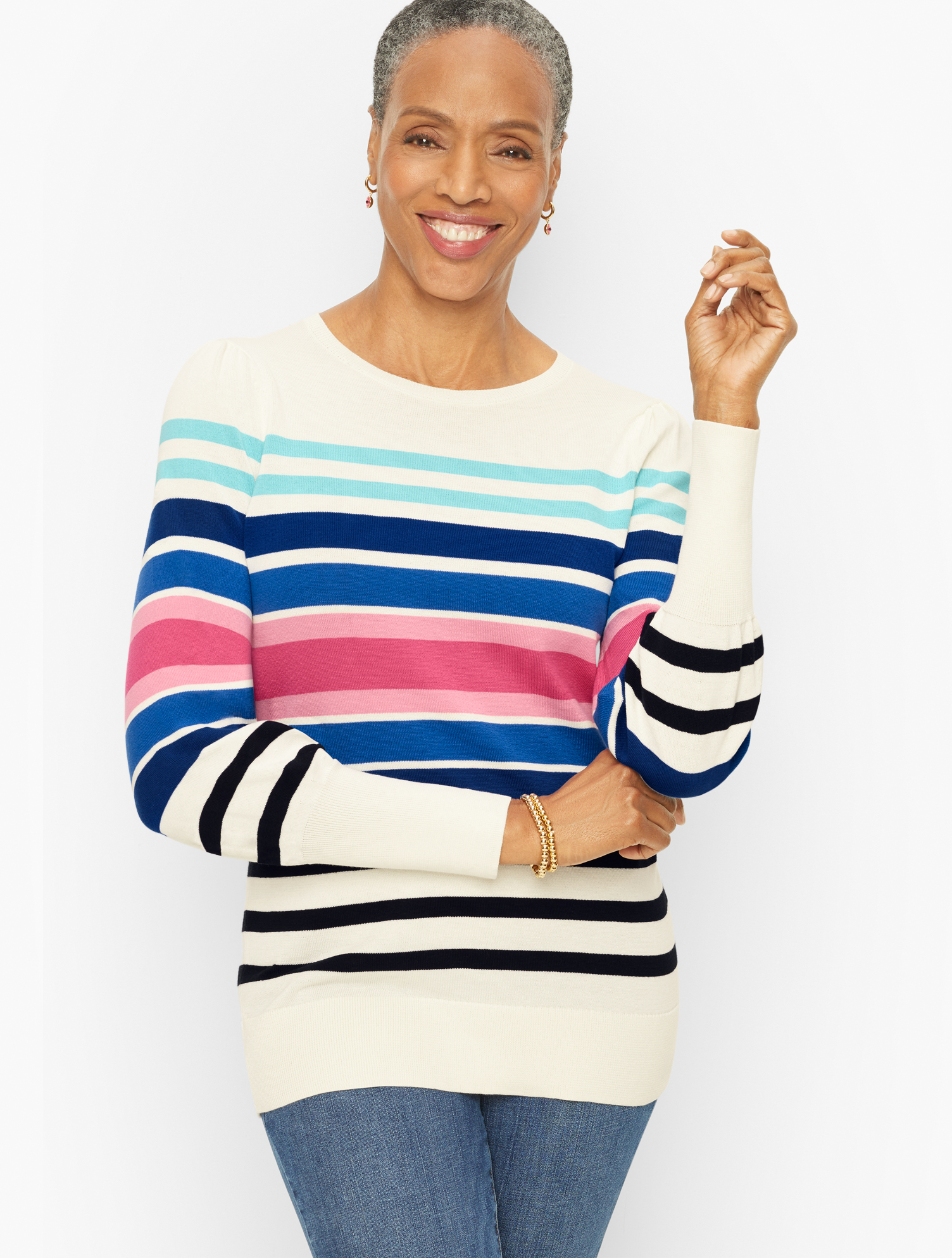 Talbots Puff Sleeve Sweater - Polished Stripe - Ivory - 1x