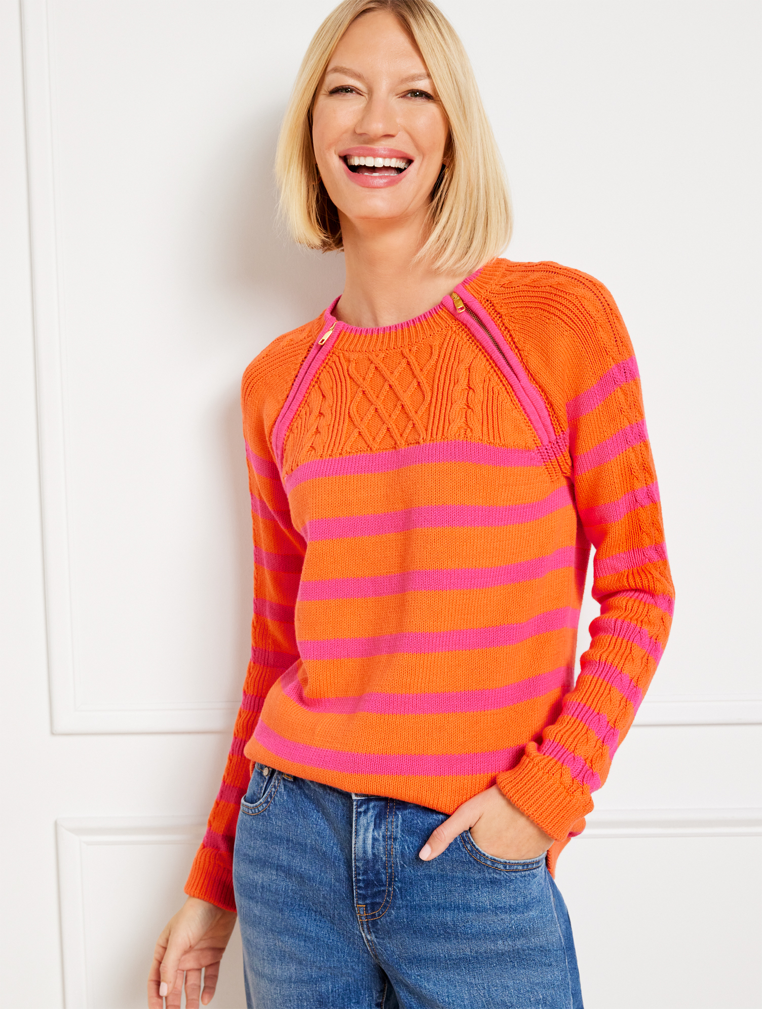 Talbots Petite - Cable Knit Zip Detail Sweater - Fisherman Stripe - Tangerine/vivid Pink - Large  In Tangerine,vivid Pink