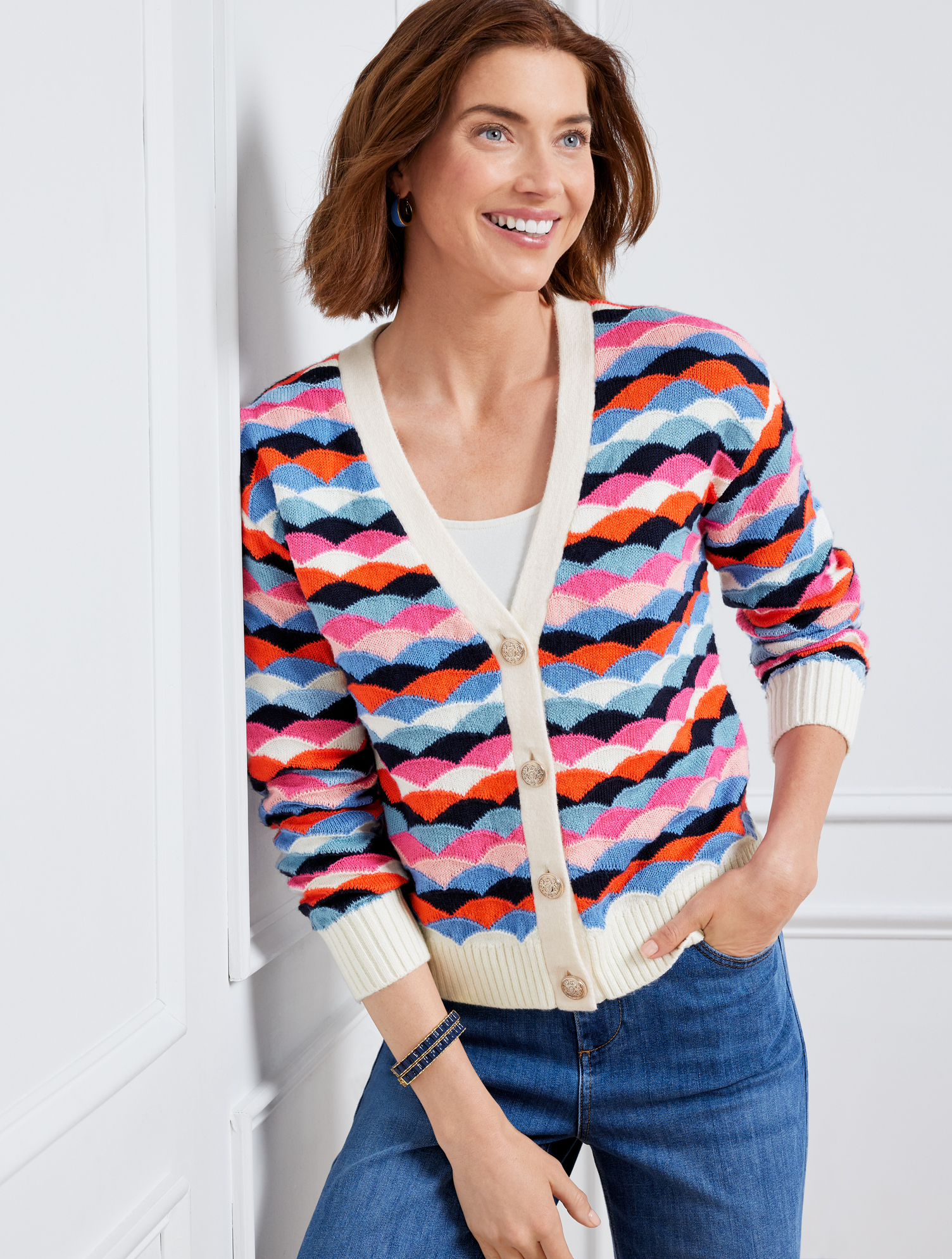 Talbots V-neck Cardigan Sweater - Scallop Stripe - Ivory - 3x