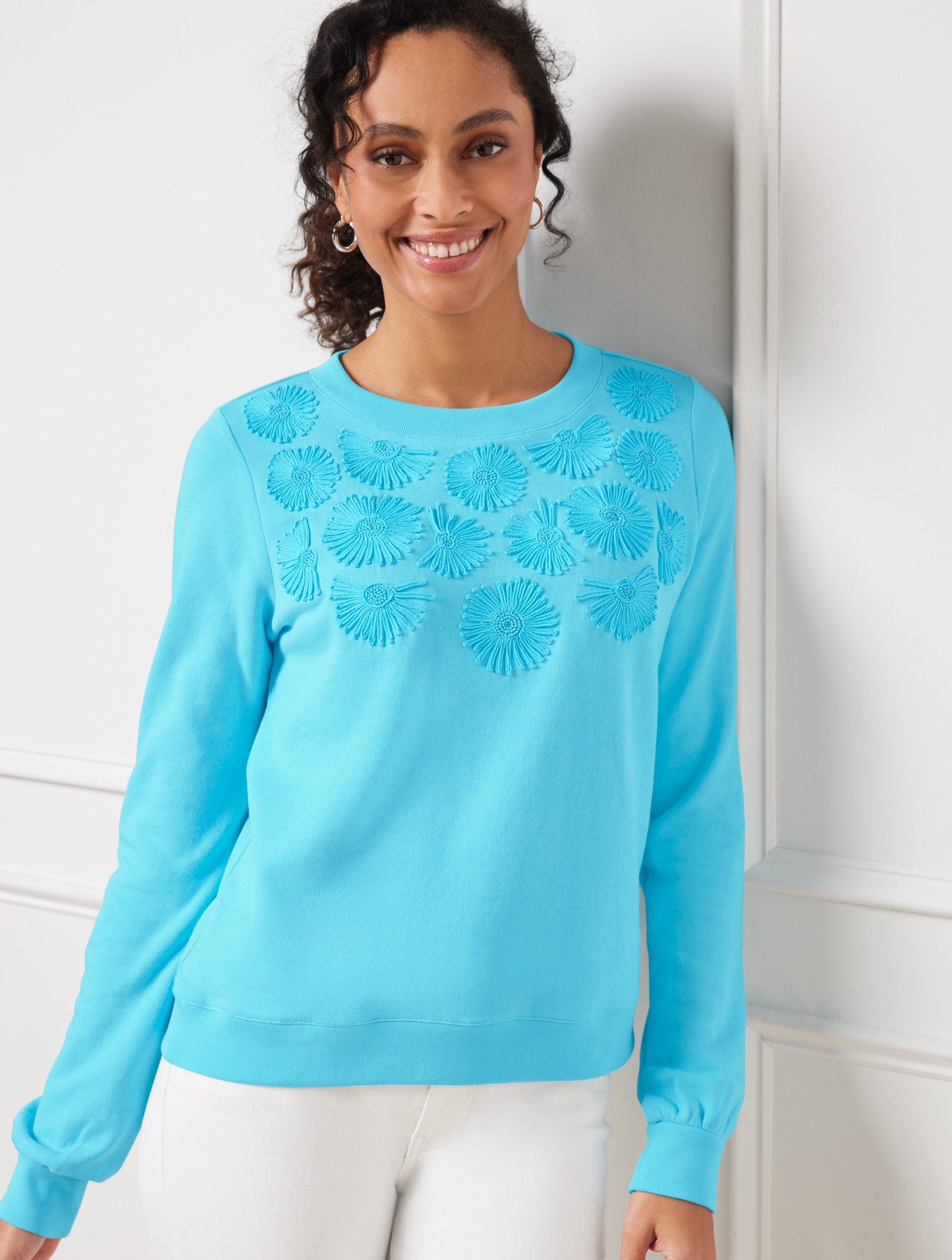 Talbots Embroidered Crewneck Sweatshirt - Lovely Blue - Small - 100% Cotton