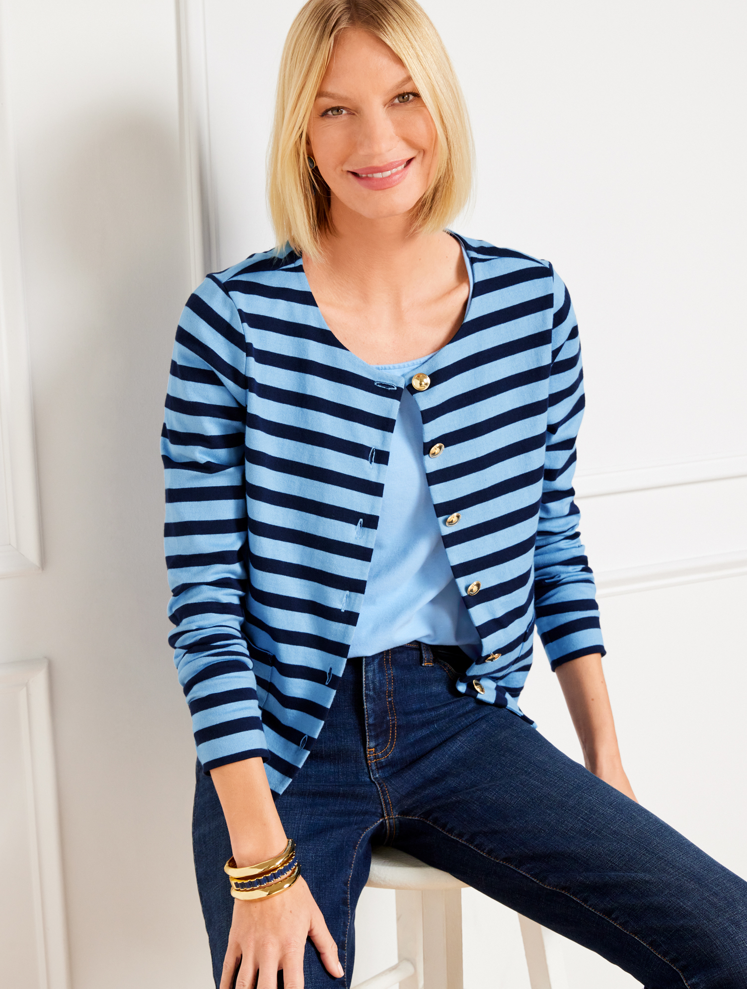 Talbots Plus Size - Patch Pocket Knit Cardigan Sweater - Kent Stripe - Laguna Blue/indigo - 3x - 100% Cotton In Laguna Blue,indigo