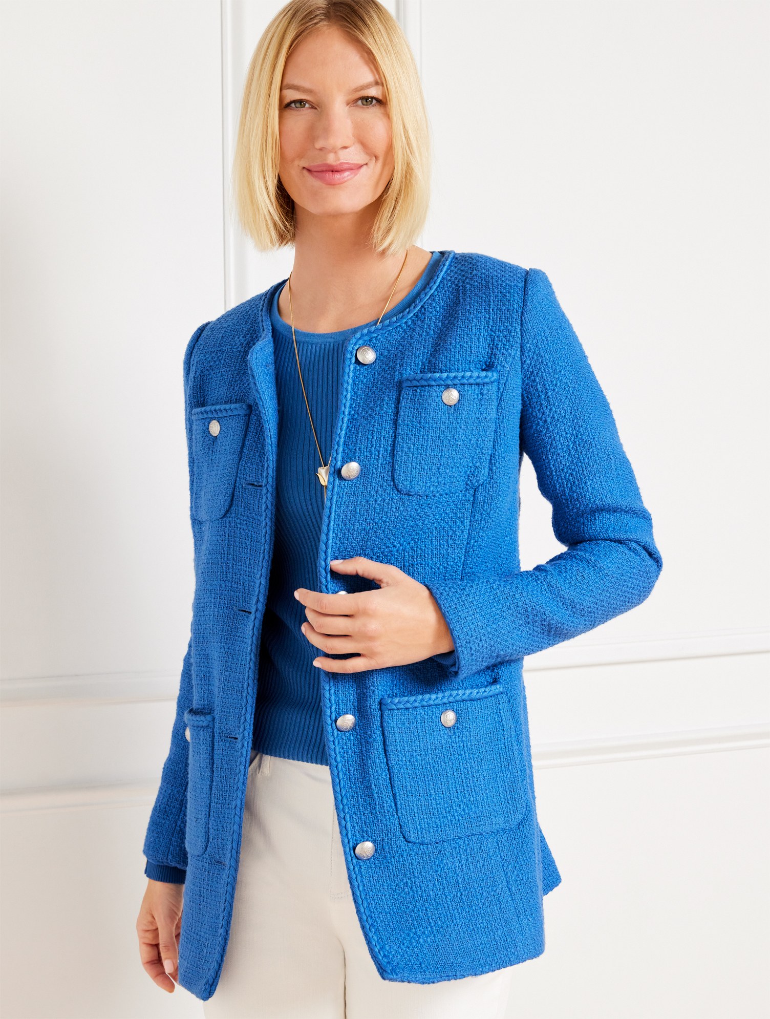Talbots Petite - Tweed Topper Coat - Capri Blue - 14 - 100% Cotton