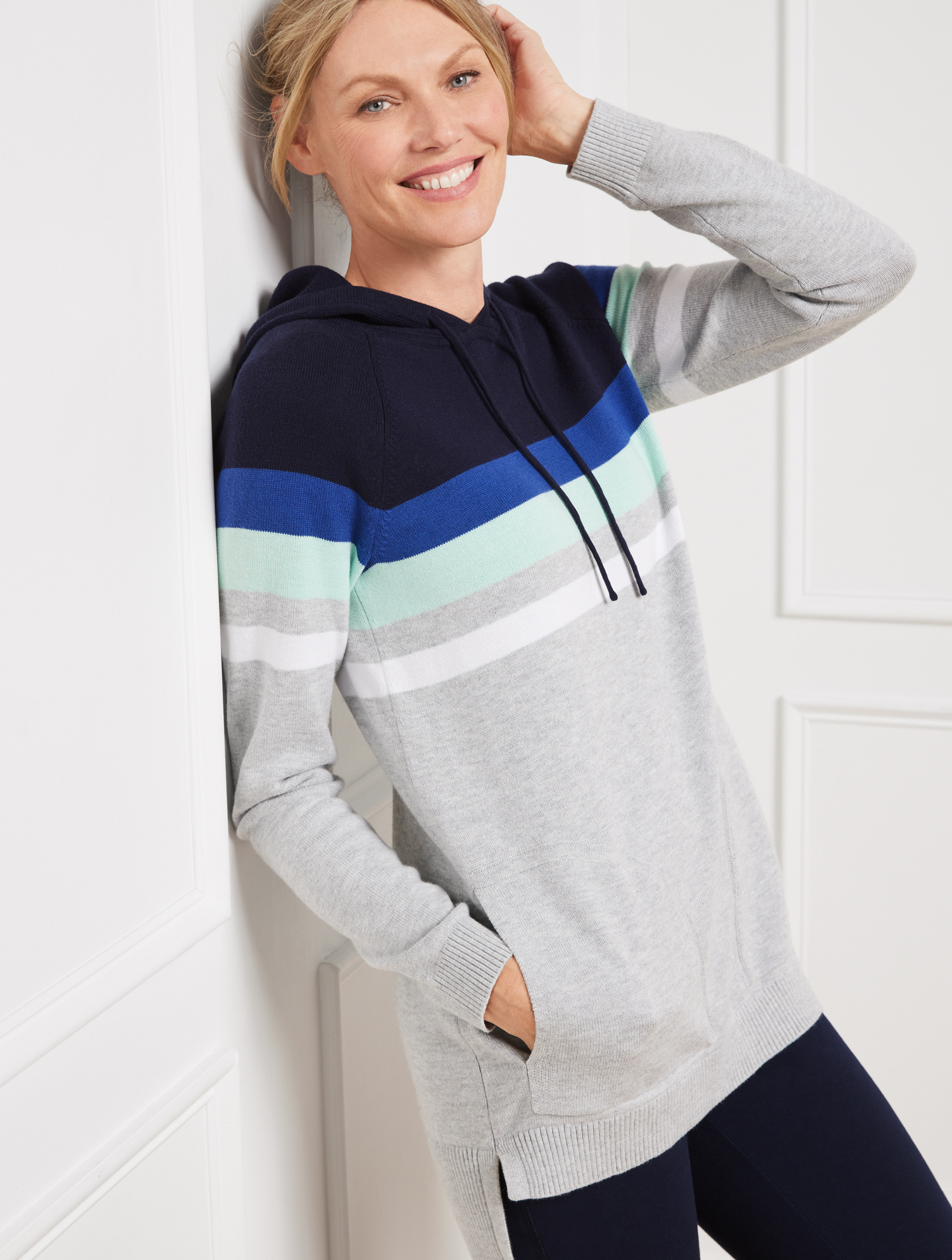 Talbots Petite - Hooded Sweater - Colorblock Stripe - Blue - Large