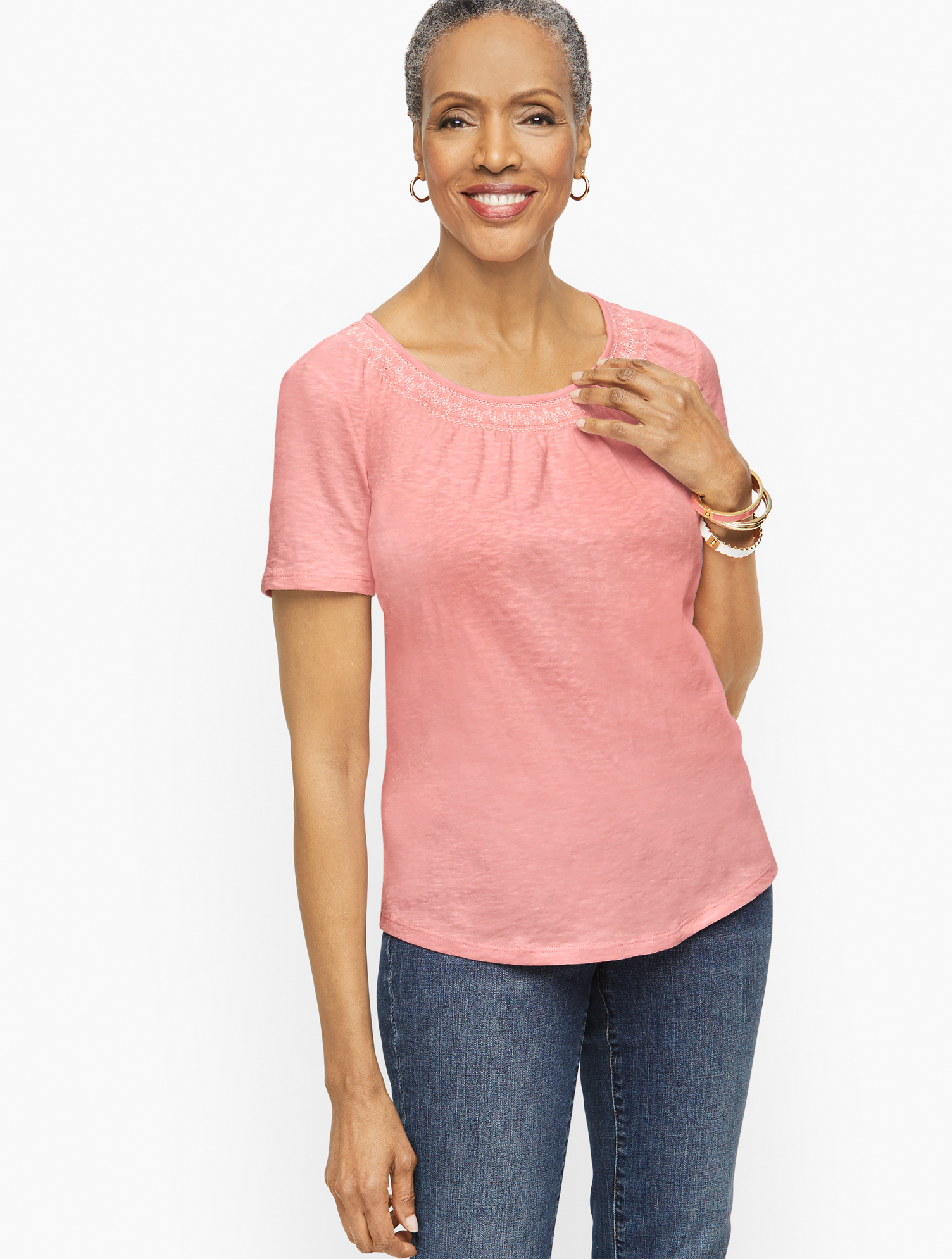 Talbots Smocked Scoop Neck T-shirt - Pink Sand - Medium - 100% Cotton |  ModeSens