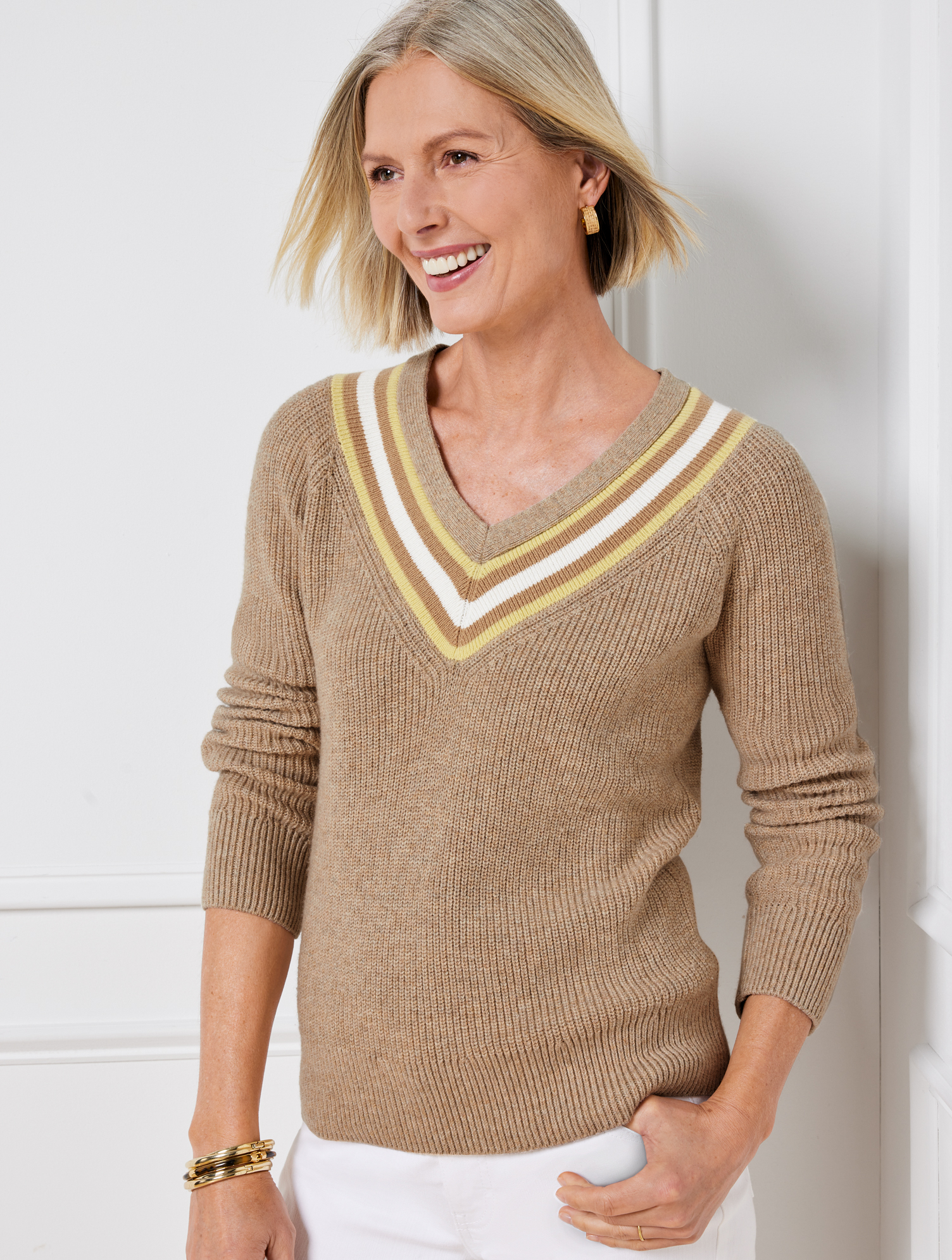 Plus Size - Brushed Cotton Johnny Collar Pullover Sweater - Simple Stripe - Oatmeal Heather/Terracotta - 1x Talbots