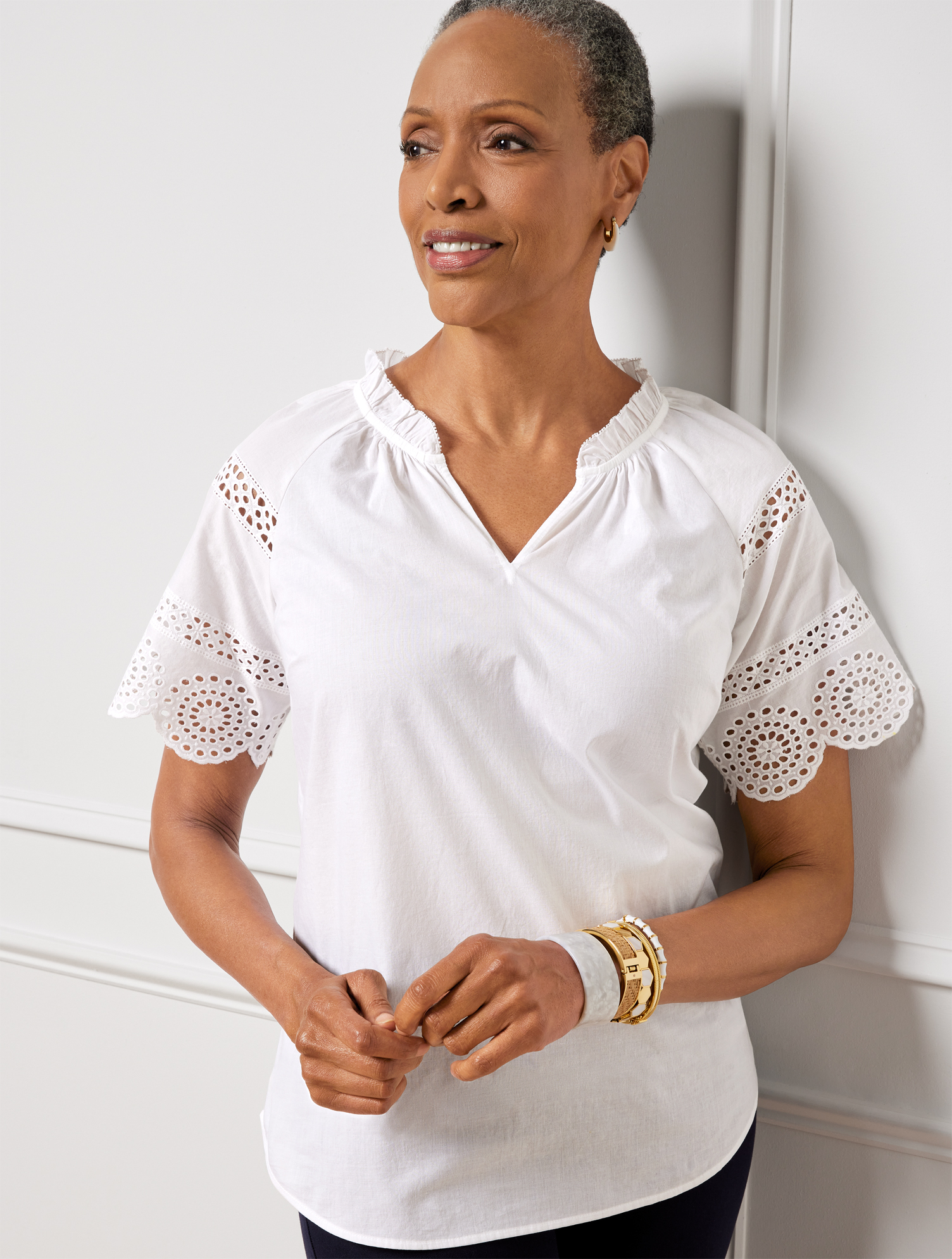 Talbots Plus Size - Embroidered Sleeve Top - White - 1x - 100% Cotton