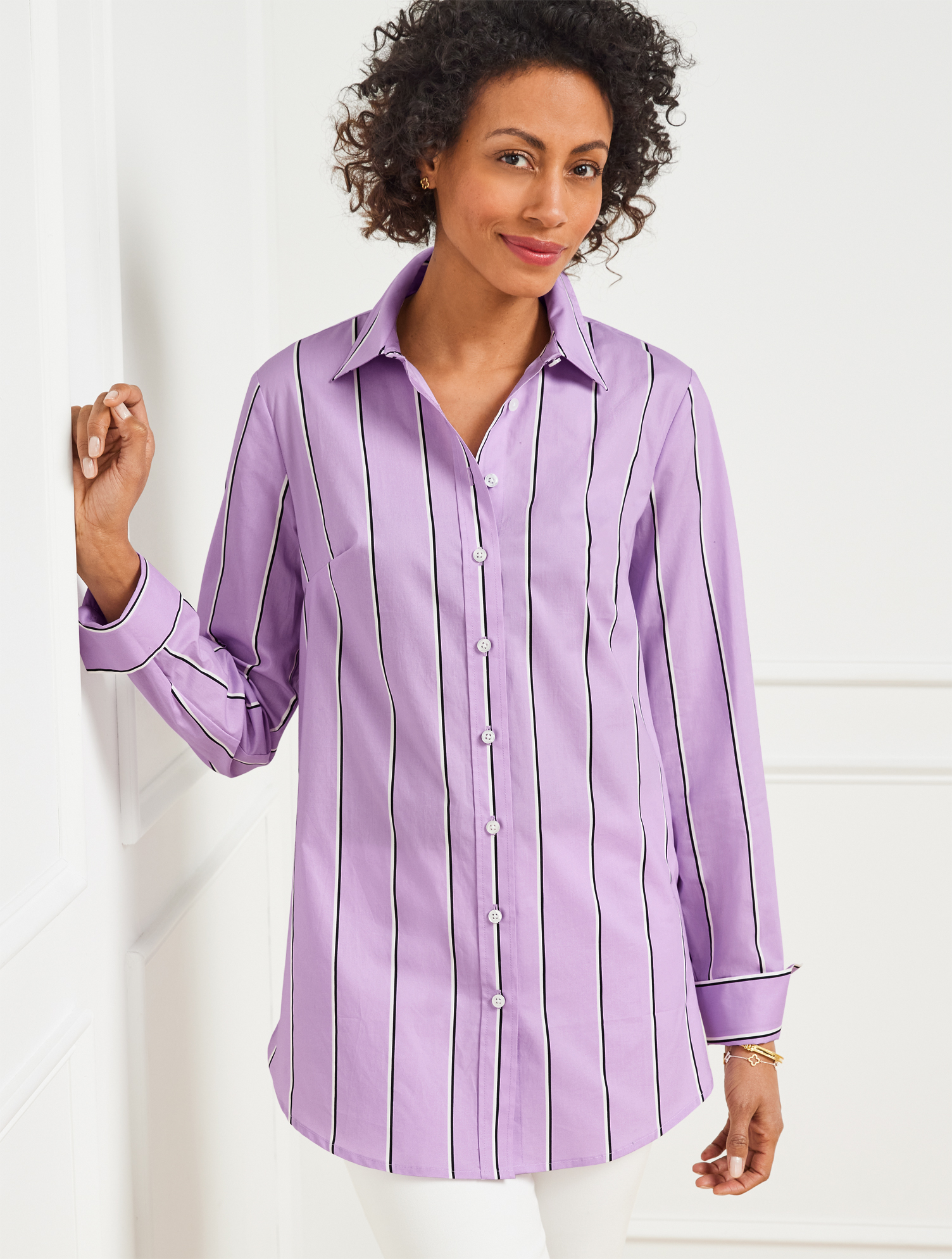 Talbots Petite - Boyfriend Shirt - Weekend Stripe - Spring Lilac - Medium - 100% Cotton