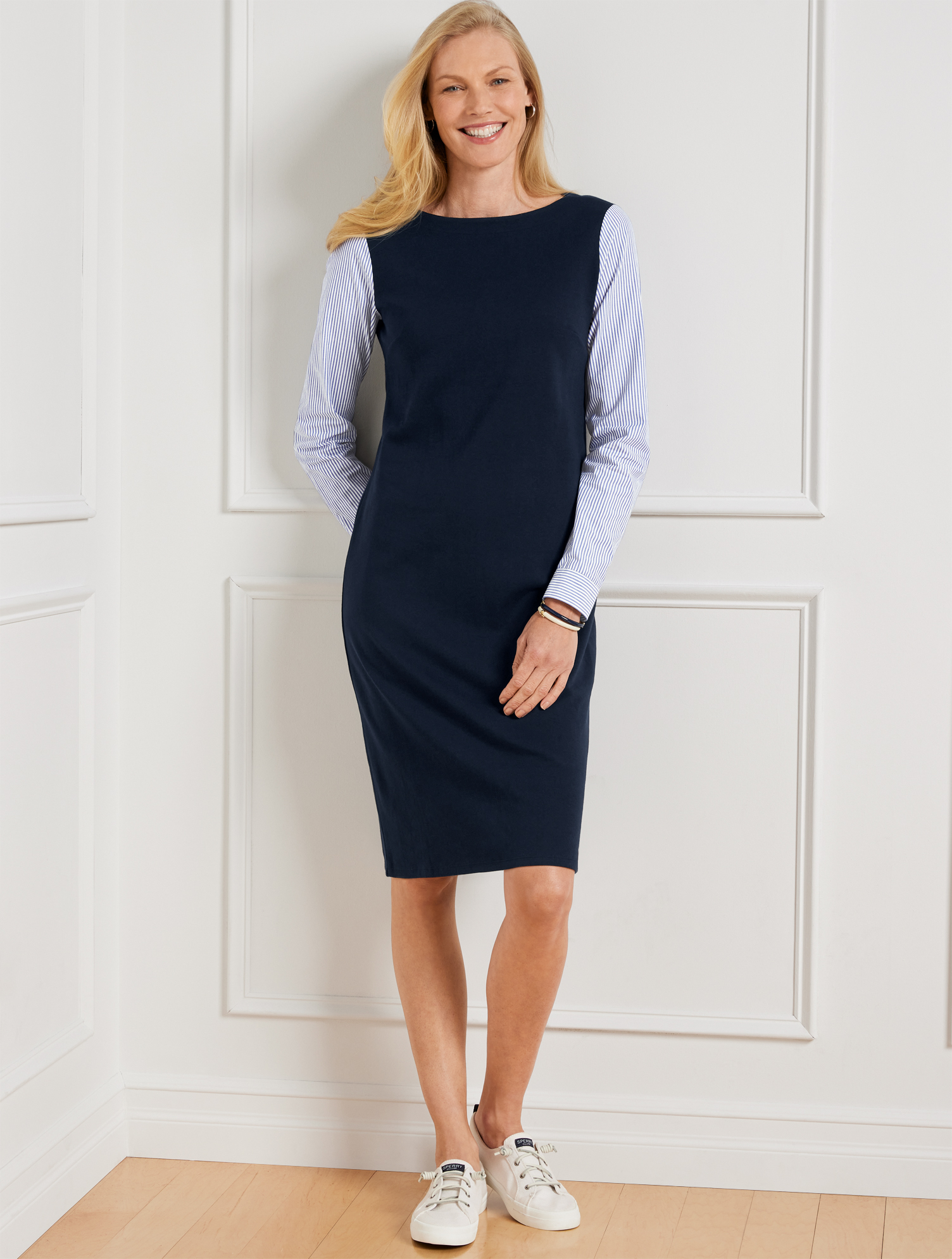 Talbots Petite - Stripe Interlock Shift Dress - Blue - 2xs - 100% Cotton