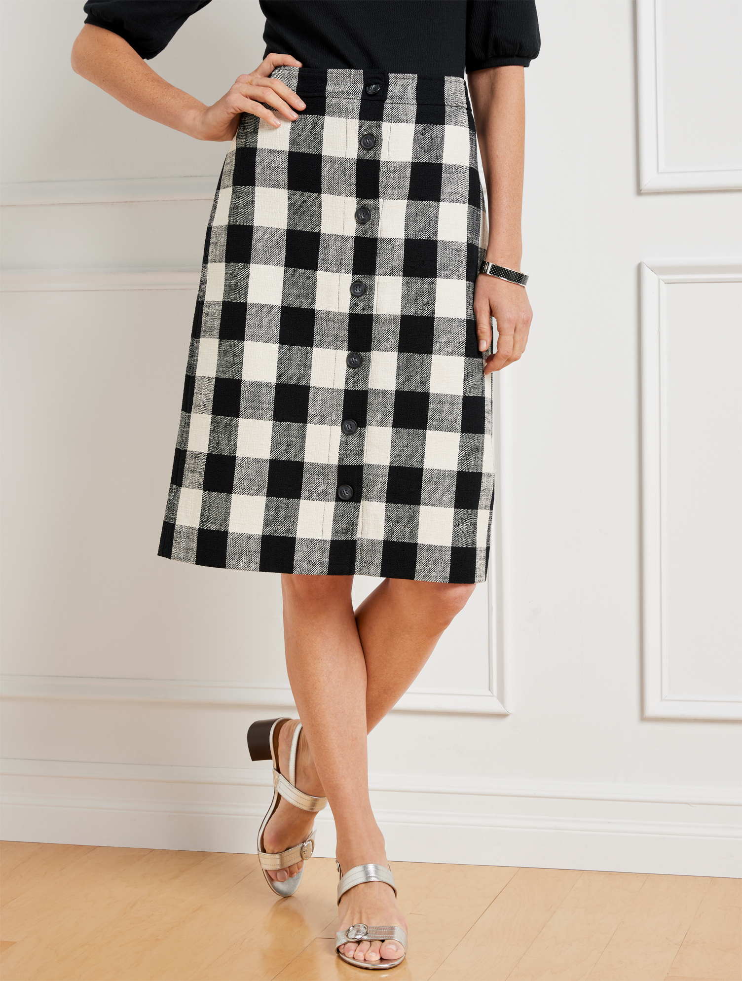 Talbots Button Front Skirt - Gingham - Black/ivory - 16  In Black,ivory