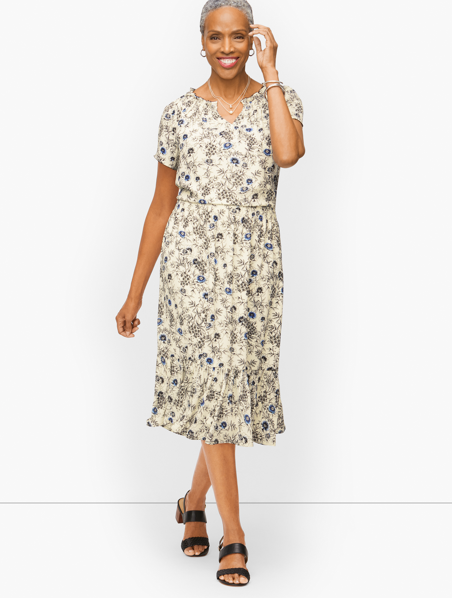 Talbots Smocked Fit & Flare Dress - Intricate Floral - Ivory/biscayne Blue - Xs  In Ivory,biscayne Blue