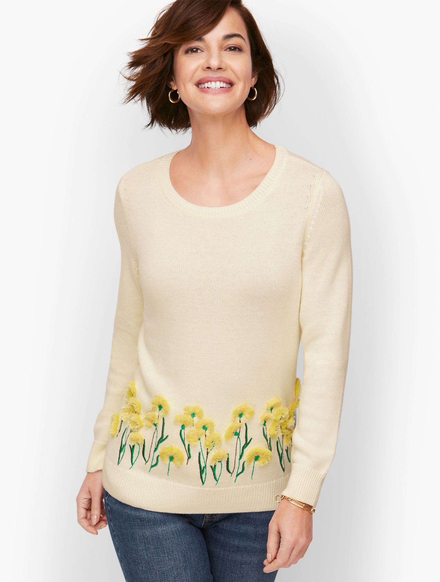 Talbots Floral Embroidered Open Neck Sweater - Ivory - Large
