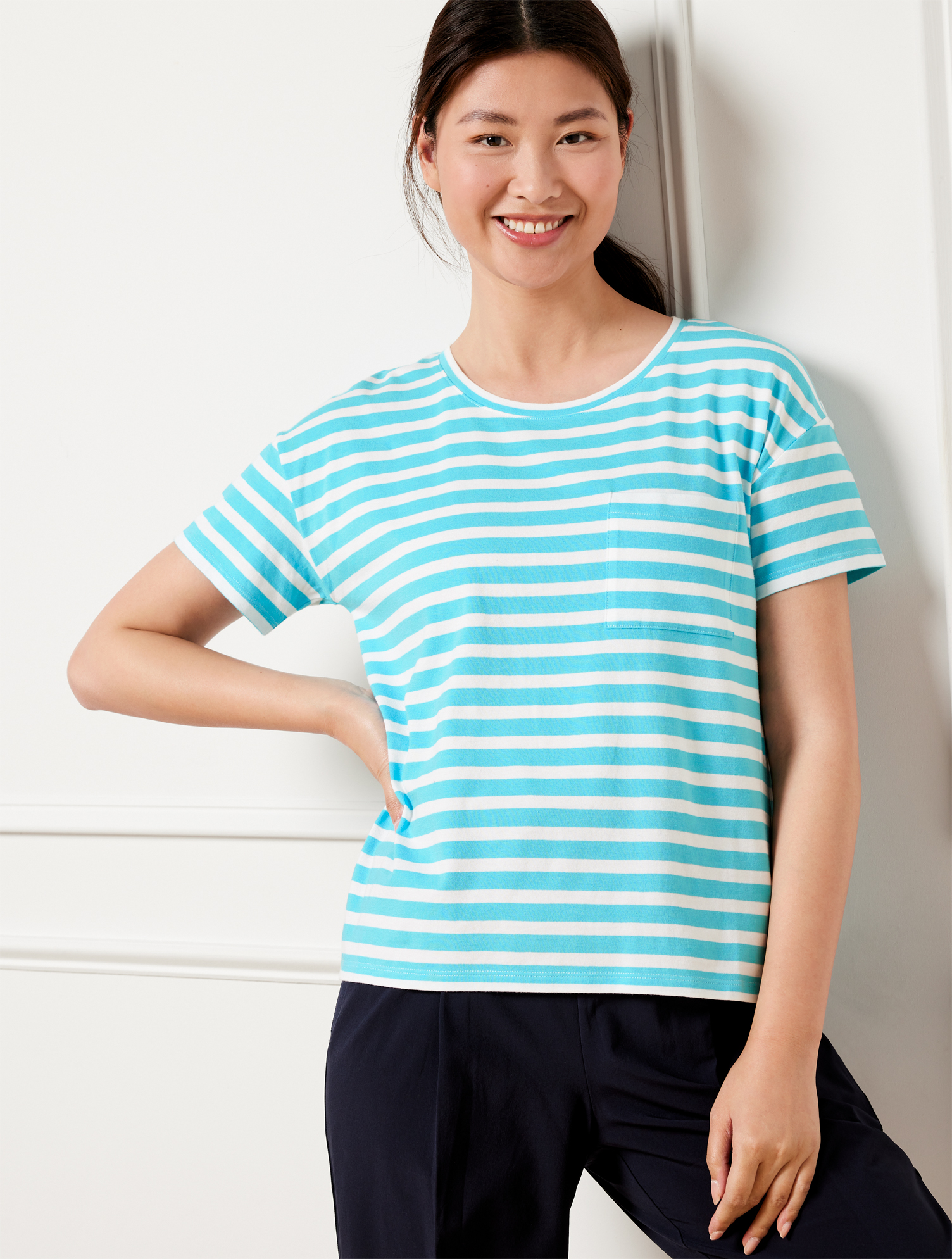 Shop Talbots Plus Size - Supersoft Jersey Patch Pocket T-shirt - Pucker Stripe - Aqua Splash/white - 2x  In Aqua Splash,white