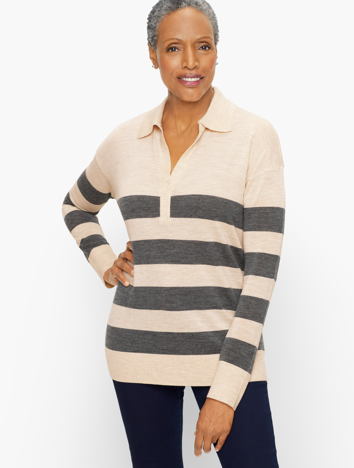 Talbots Merino Wool Johnny Collar Pullover Sweater - Stripe - Oyster/shadow Heather - Xs  In Oyster,shadow Heather