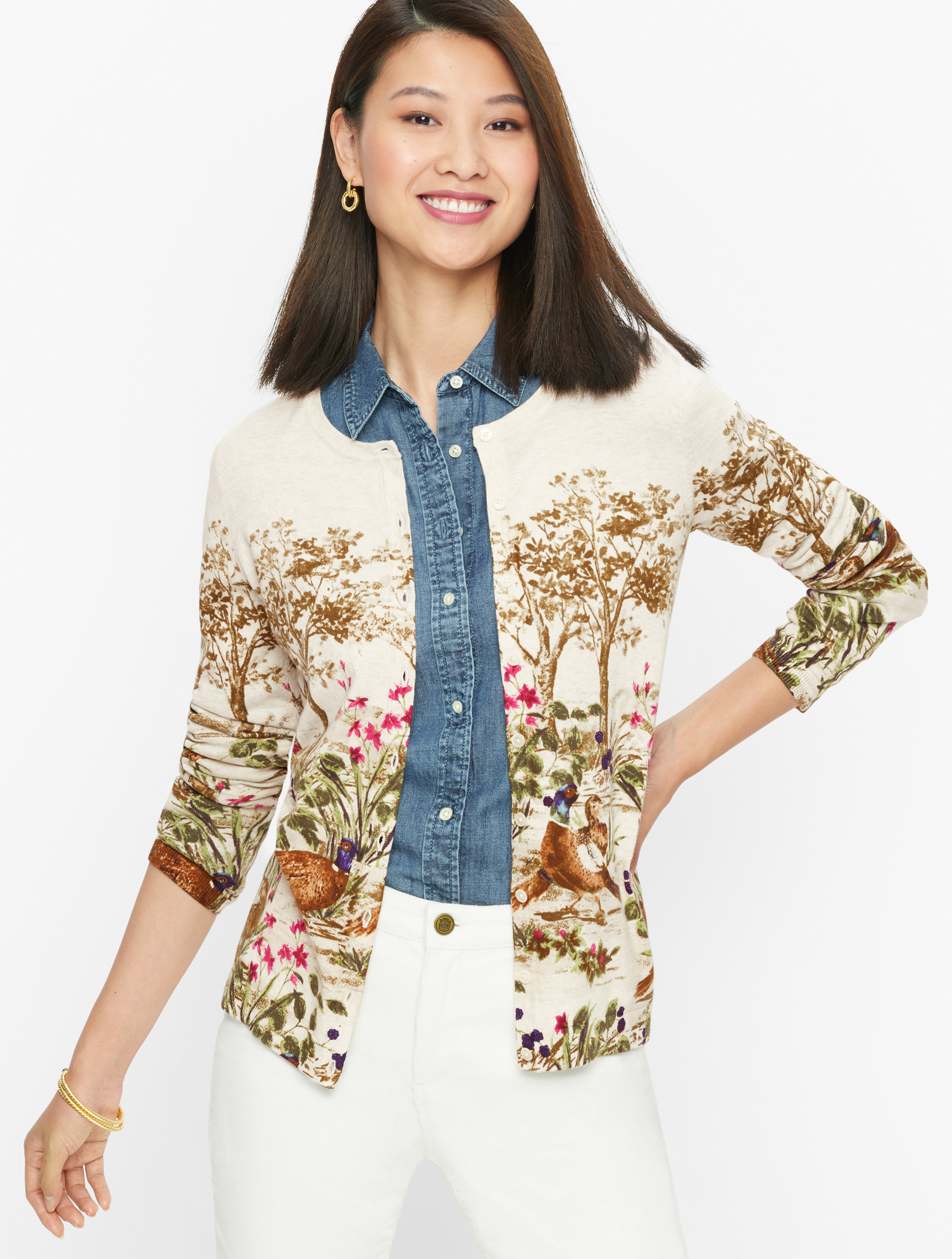 Charming Cardigan Sweater - Pheasant Garden - Oyster White - XS Talbots  from Talbots | AccuWeather Shop