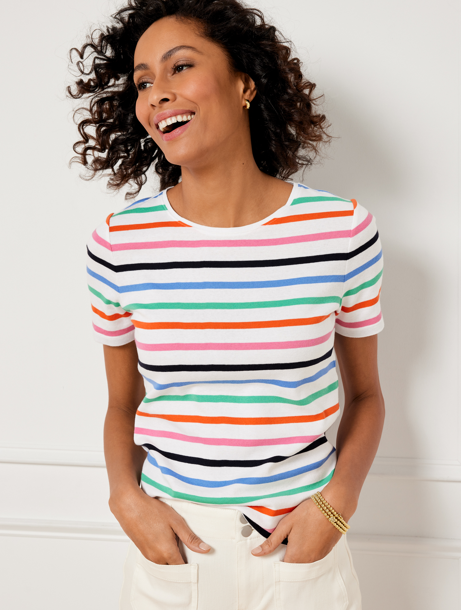 Talbots Plus Size - Crewneck T-shirt - Vibrant Stripe - White - X - 100% Cotton