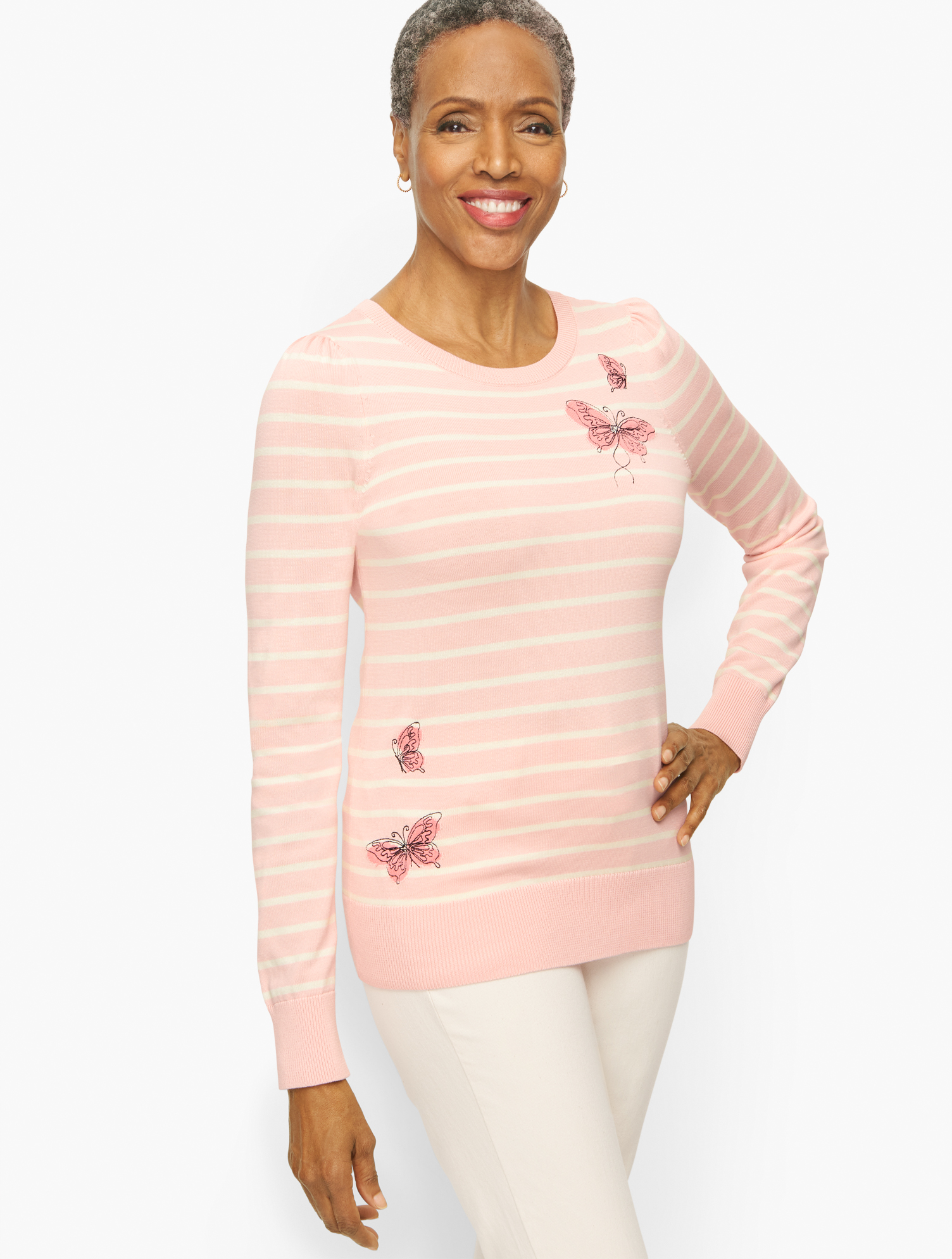 Talbots Plus Size - Crewneck Sweater - Embroidered Butterfly Stripe - Caspian Pink/ivory - X  In Caspian Pink,ivory