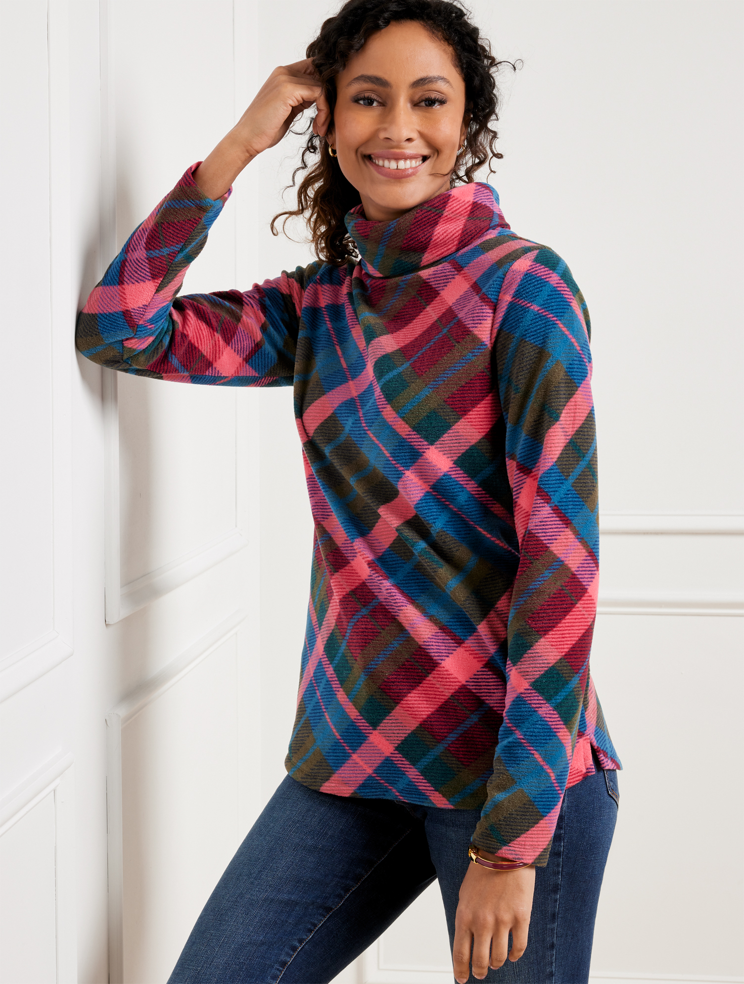 Talbots Microfleece Funnel Neck Top - Lovely Plaid - Ink - 3x