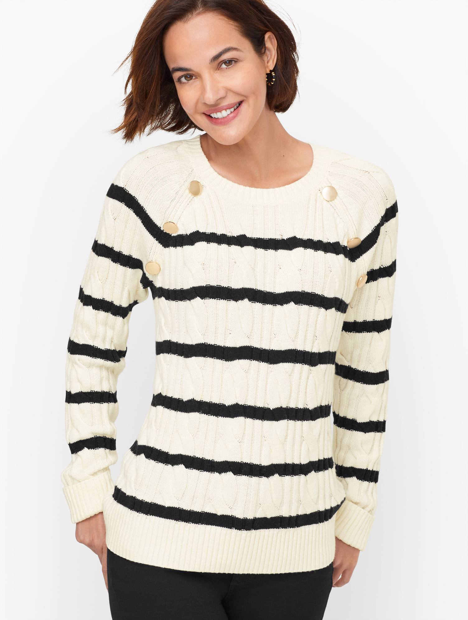Talbots Petite - Cable Knit Crewneck Sweater - Breton Stripe - Black/ivory - Xl  In Black,ivory