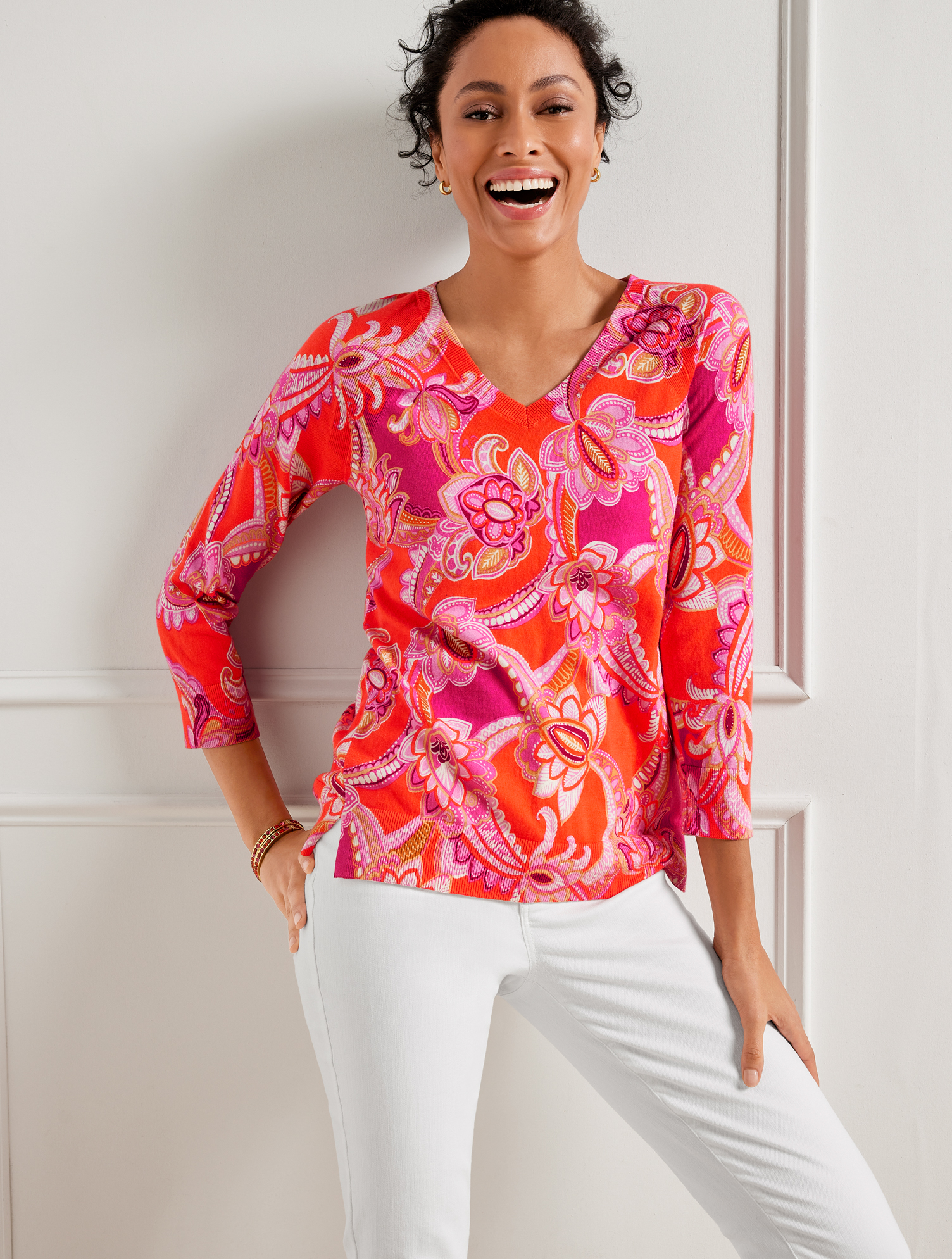 Talbots Plus Size - V-neck Pullover Sweater - Spring Floral - Orange/pink Geranium - 2x  In Orange,pink Geranium