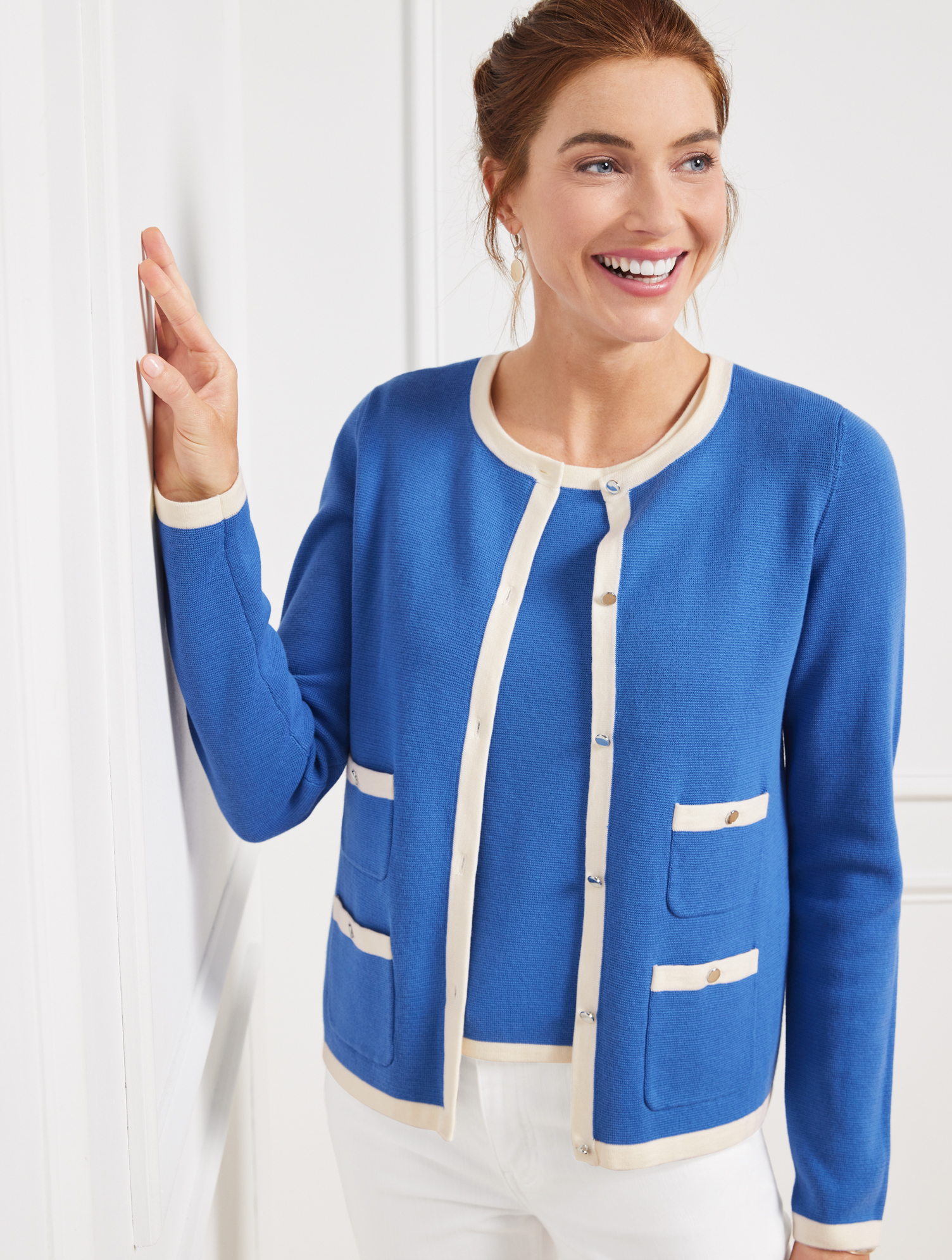 Talbots Plus Size - Grace Cardigan Sweater - Tipped - Capri Blue/ivory - 2x  In Capri Blue,ivory